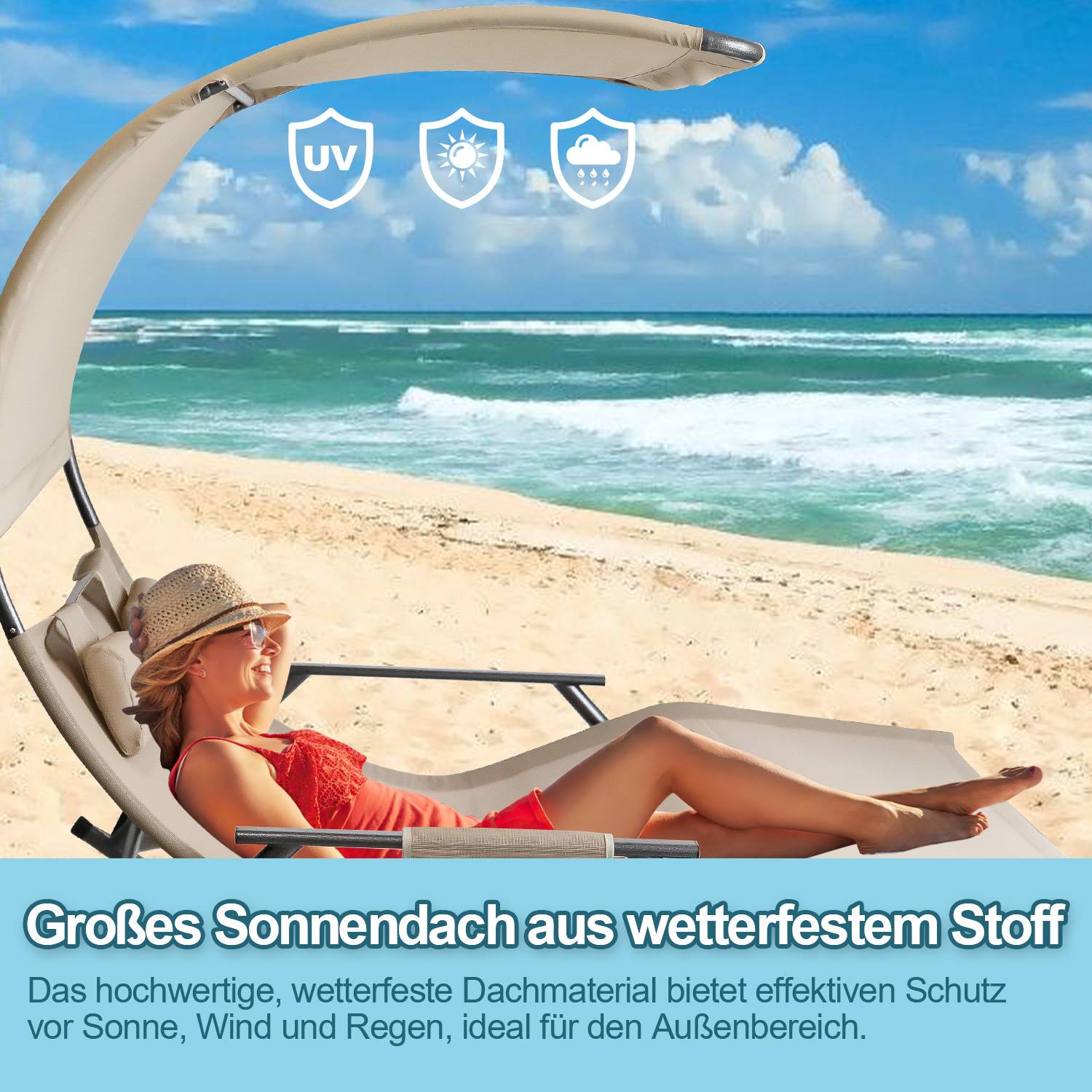 Doppel Sonnenliegec Doppelliege Gartenbett Relaxliege Belastbarkeit Sonnenliege mit Sonnendach&Kopfkissen Garden Stahl für Camping Beige