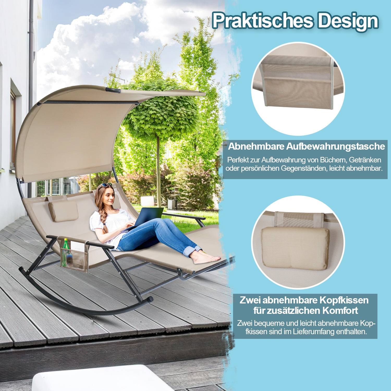 Doppel Sonnenliegec Doppelliege Gartenbett Relaxliege Belastbarkeit Sonnenliege mit Sonnendach&Kopfkissen Garden Stahl für Camping Beige