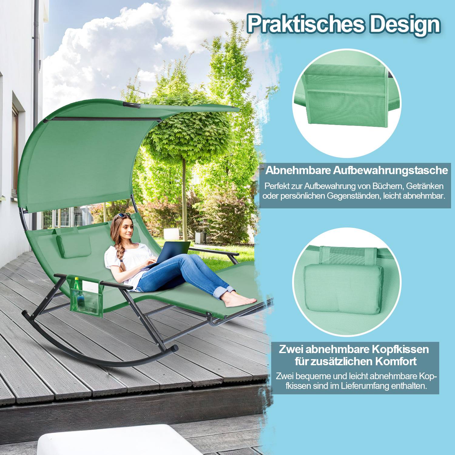 Doppel Sonnenliegec Doppelliege Gartenbett Relaxliege Belastbarkeit Sonnenliege mit Sonnendach&Kopfkissen Garden Stahl für Camping Grün