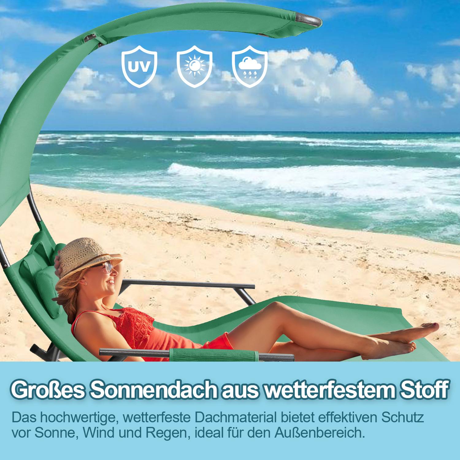 Doppel Sonnenliegec Doppelliege Gartenbett Relaxliege Belastbarkeit Sonnenliege mit Sonnendach&Kopfkissen Garden Stahl für Camping Grün