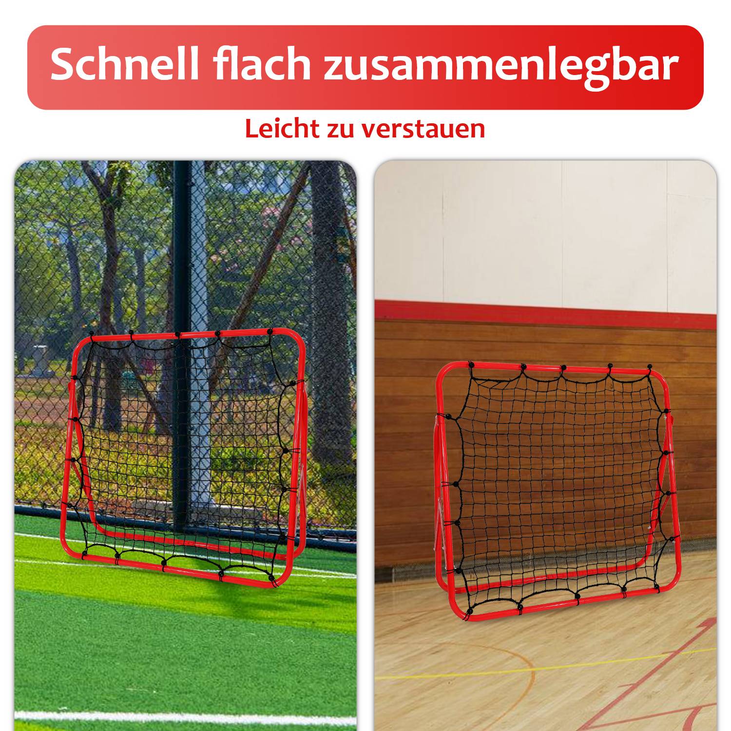 Fußball Rebounder klappbar Verstellbar Kickback Rebound für Übungen, Fußballschuss Tornetz mit 4 Heringe 100x100x70 cm Rot