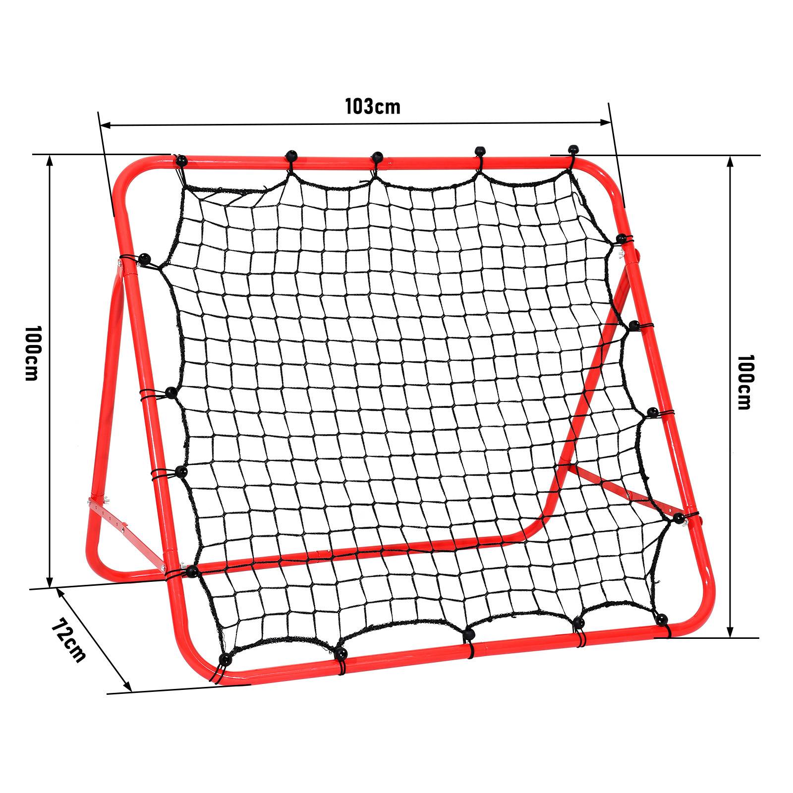 Rotes rechteckiges Trainings-Rückprallnetz mit schwarzem Maschengewebe, gezeigt mit Abmessungen: 103 cm breit, 100 cm hoch, 72 cm tief.