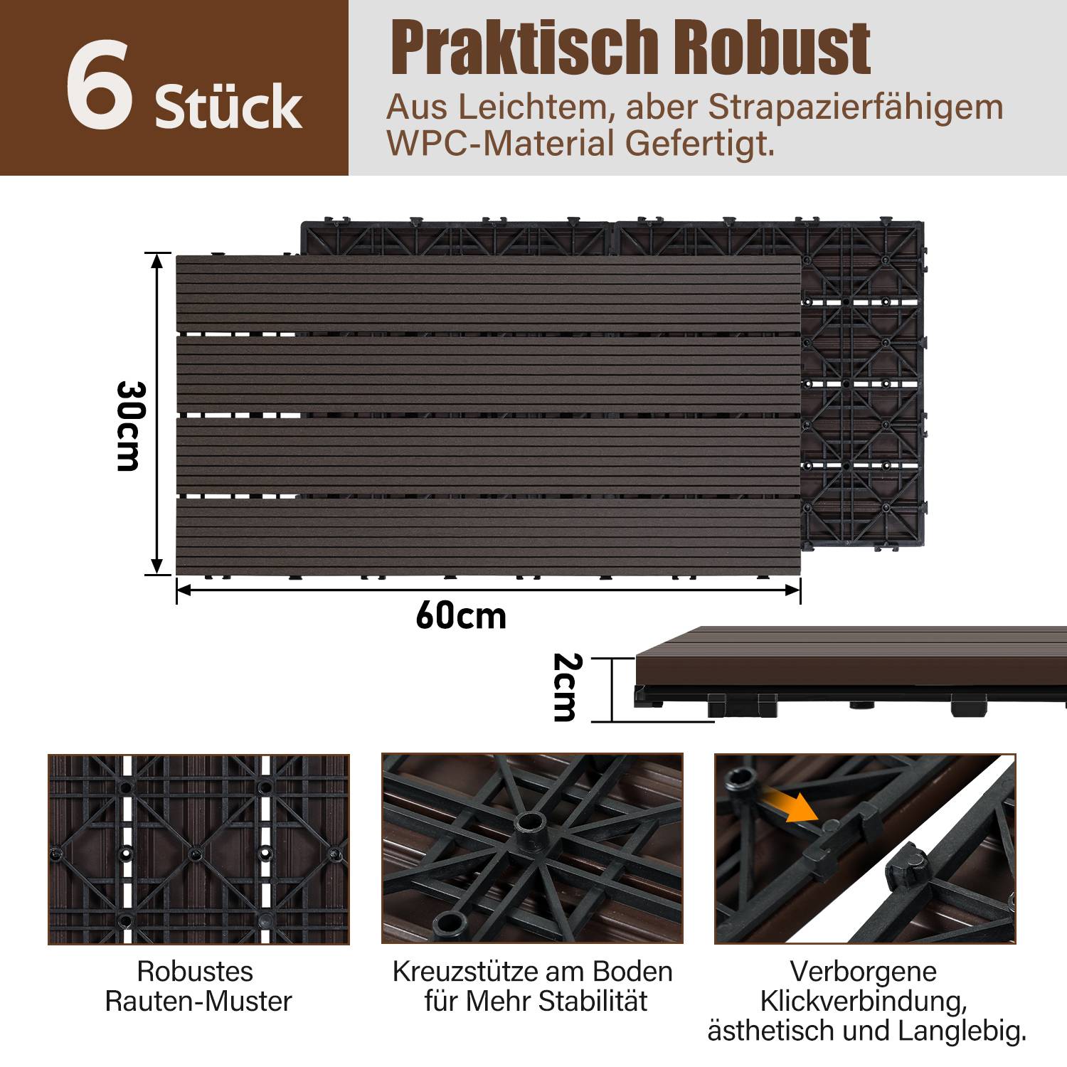 WPC 6x Holzfliesen Terrassenfliesen á 60 x 30 x 2.2 cm, Dunkelbraun, 1m² WPC Klickfliesen, Balkonfliesen wetterfest