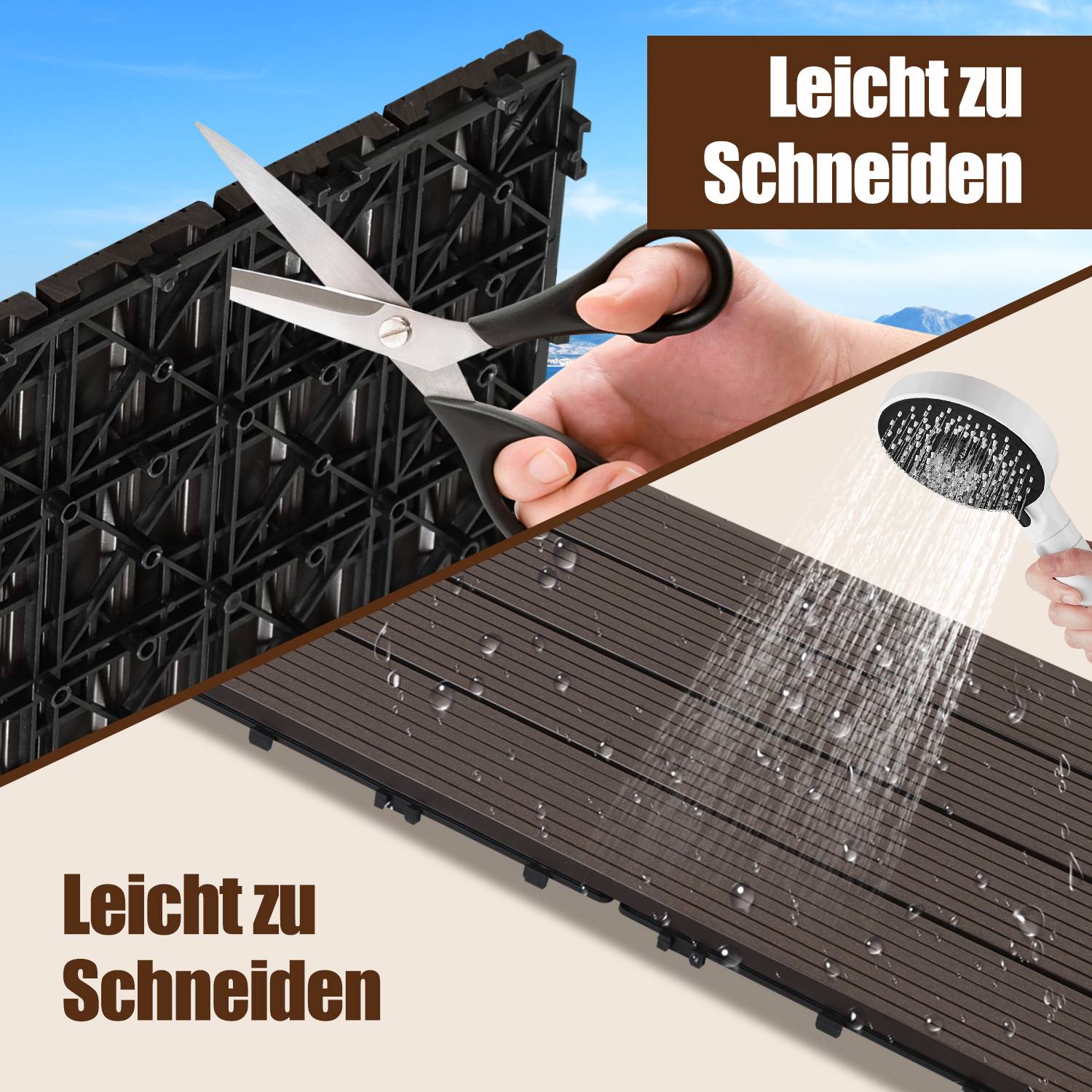 WPC 6x Holzfliesen Terrassenfliesen á 60 x 30 x 2.2 cm, Dunkelbraun, 1m² WPC Klickfliesen, Balkonfliesen wetterfest