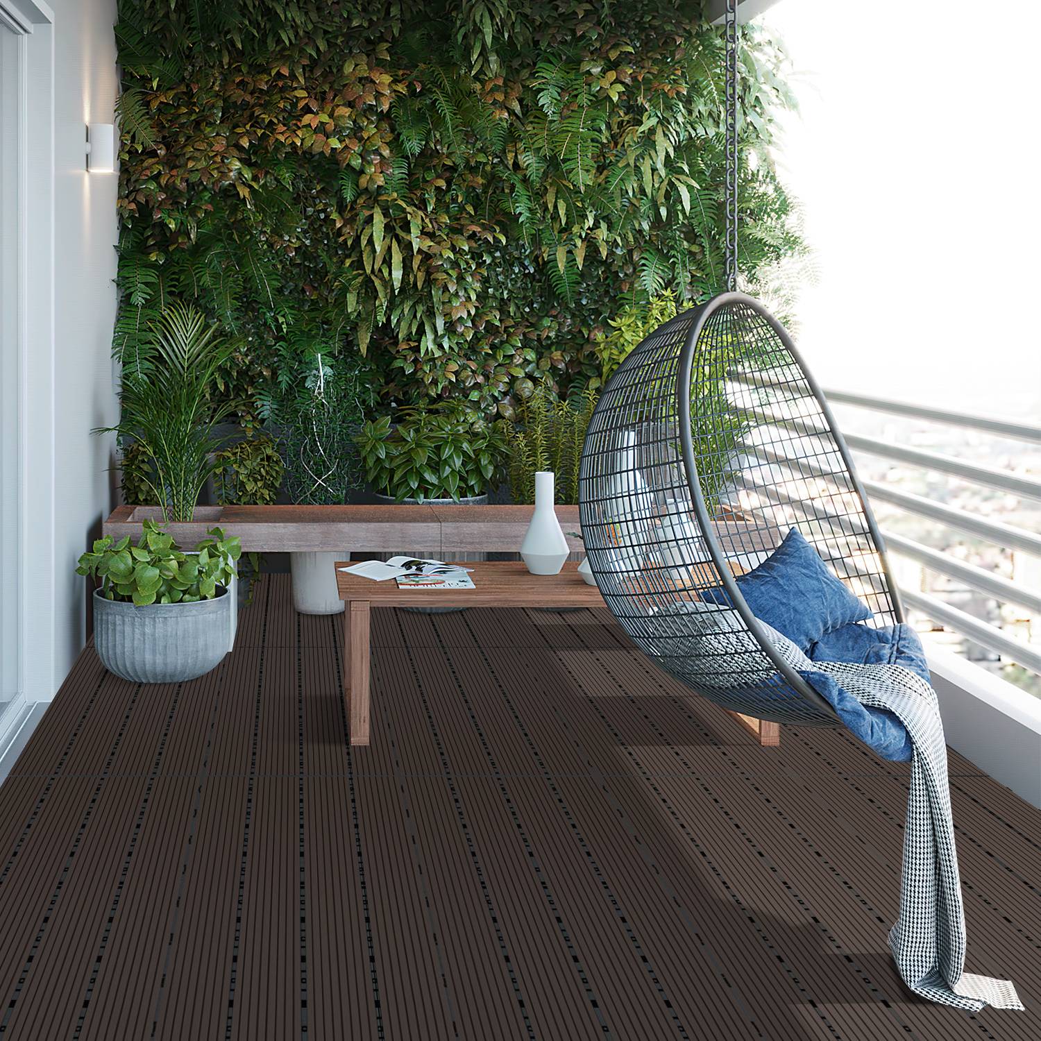 60x30cm WPC Fliese Terrassenfliesen, 5qm Balkonfliesen Klickfliese, Dunkelbraun, 30 Stück