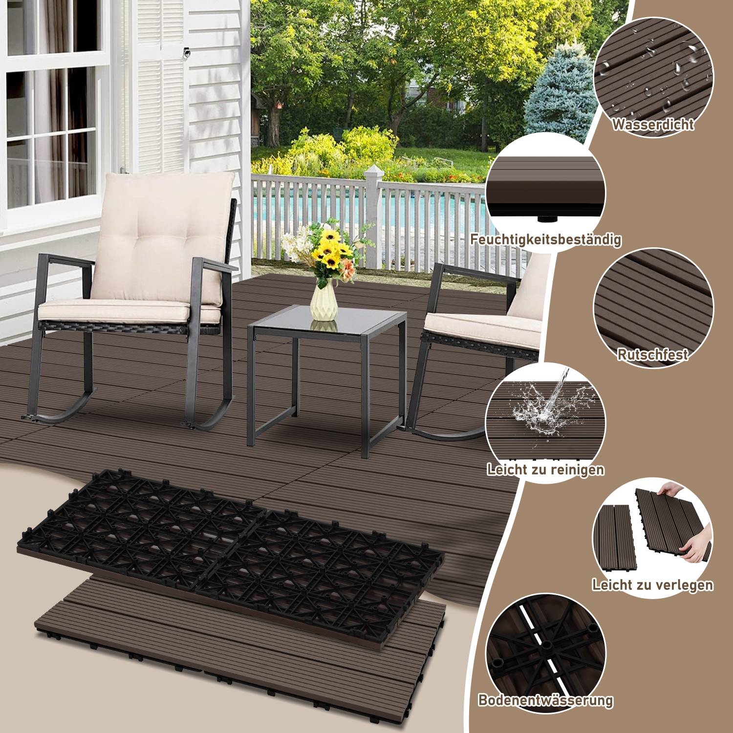60x30cm WPC Fliese Terrassenfliesen, 4qm Balkonfliesen Klickfliese, Dunkelbraun, 24 Stück