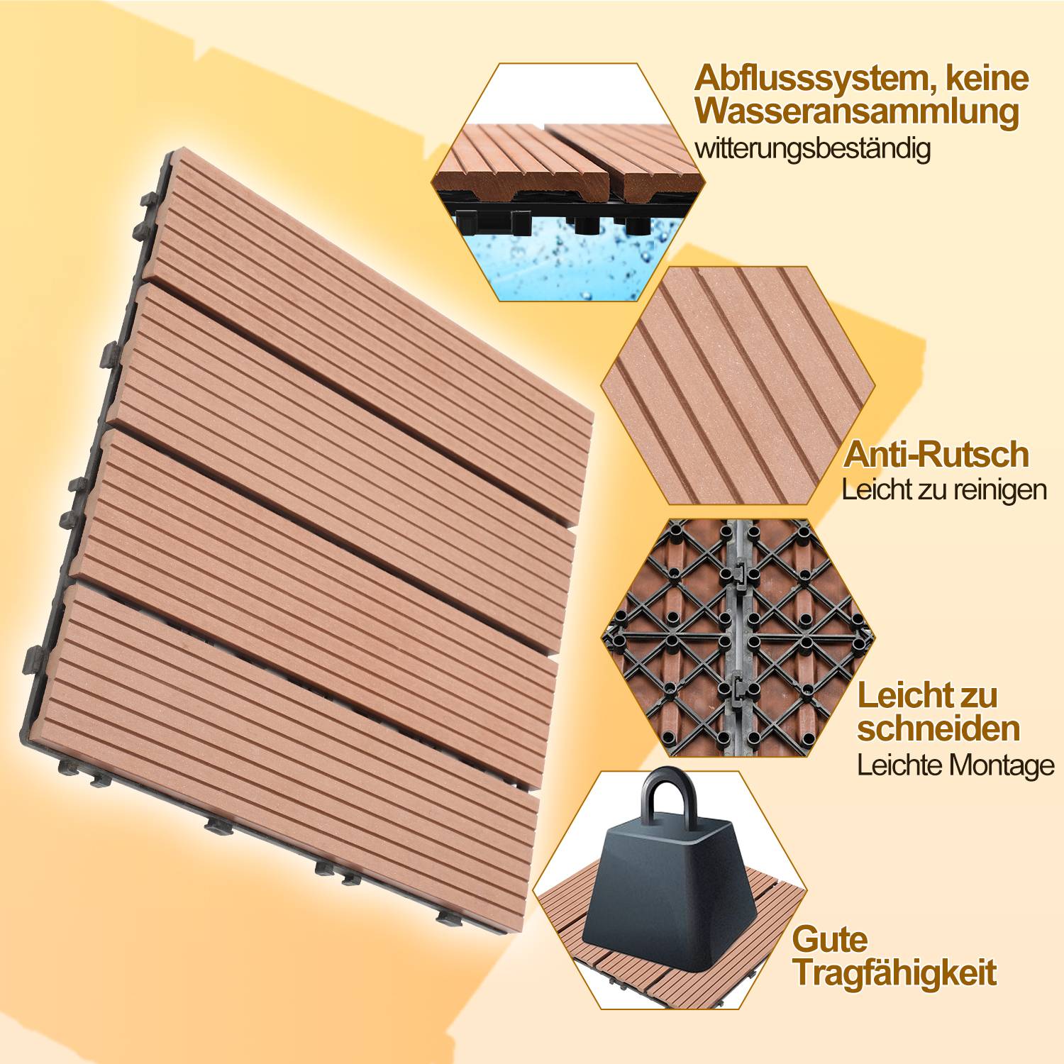 1 qm Terrassenfliesen, 30x30cm WPC Fliesen, 11 Stück Klickfliesen, Balkonfliesen, Holzfliesen, Wetterfest, Anti-Rutsch, Braun - 4-Streifen