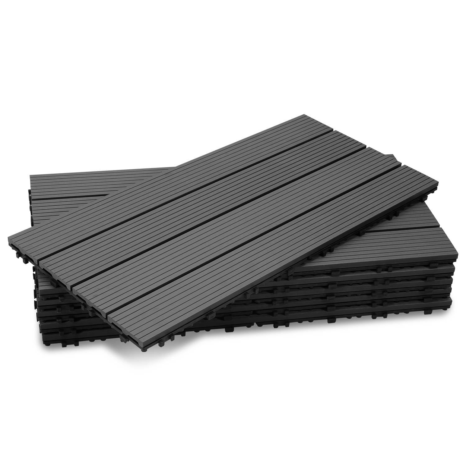 2 qm Terrassenfliesen, 60x30cm WPC Fliesen, 12 Stück Klickfliesen, Balkonfliesen, Holzfliesen, Wetterfest, Anti-Rutsch, Anthrazit - 4-Streifen