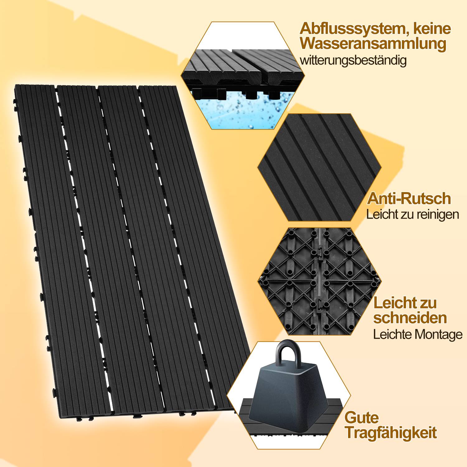 1 qm Terrassenfliesen, 60x30cm WPC Fliesen, 6 Stück Klickfliesen, Balkonfliesen, Holzfliesen, Wetterfest, Anti-Rutsch, Anthrazit - 4-Streifen