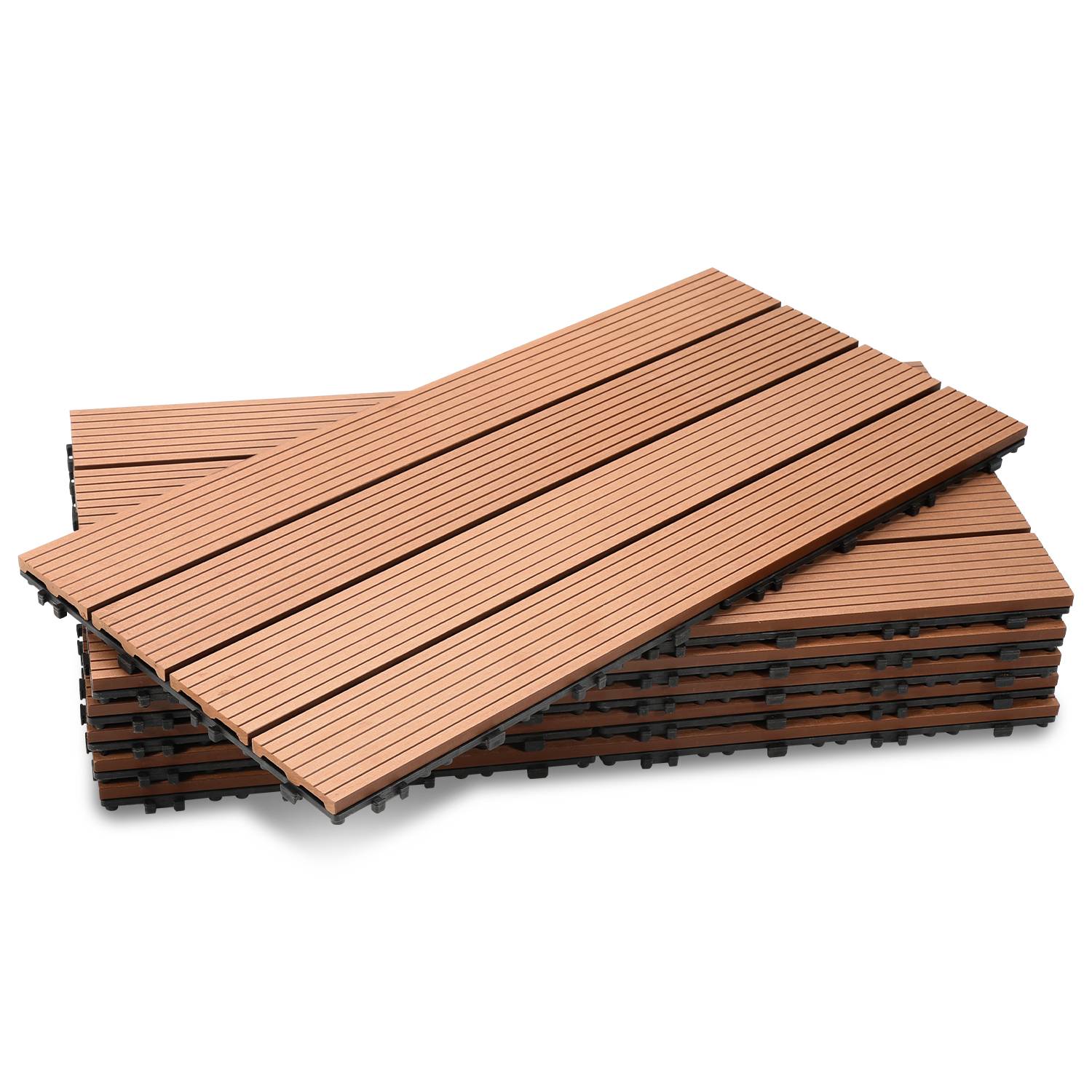 1 qm Terrassenfliesen, 60x30cm WPC Fliesen, 6 Stück Klickfliesen, Balkonfliesen, Holzfliesen, Wetterfest, Anti-Rutsch, Braun - 4-Streifen