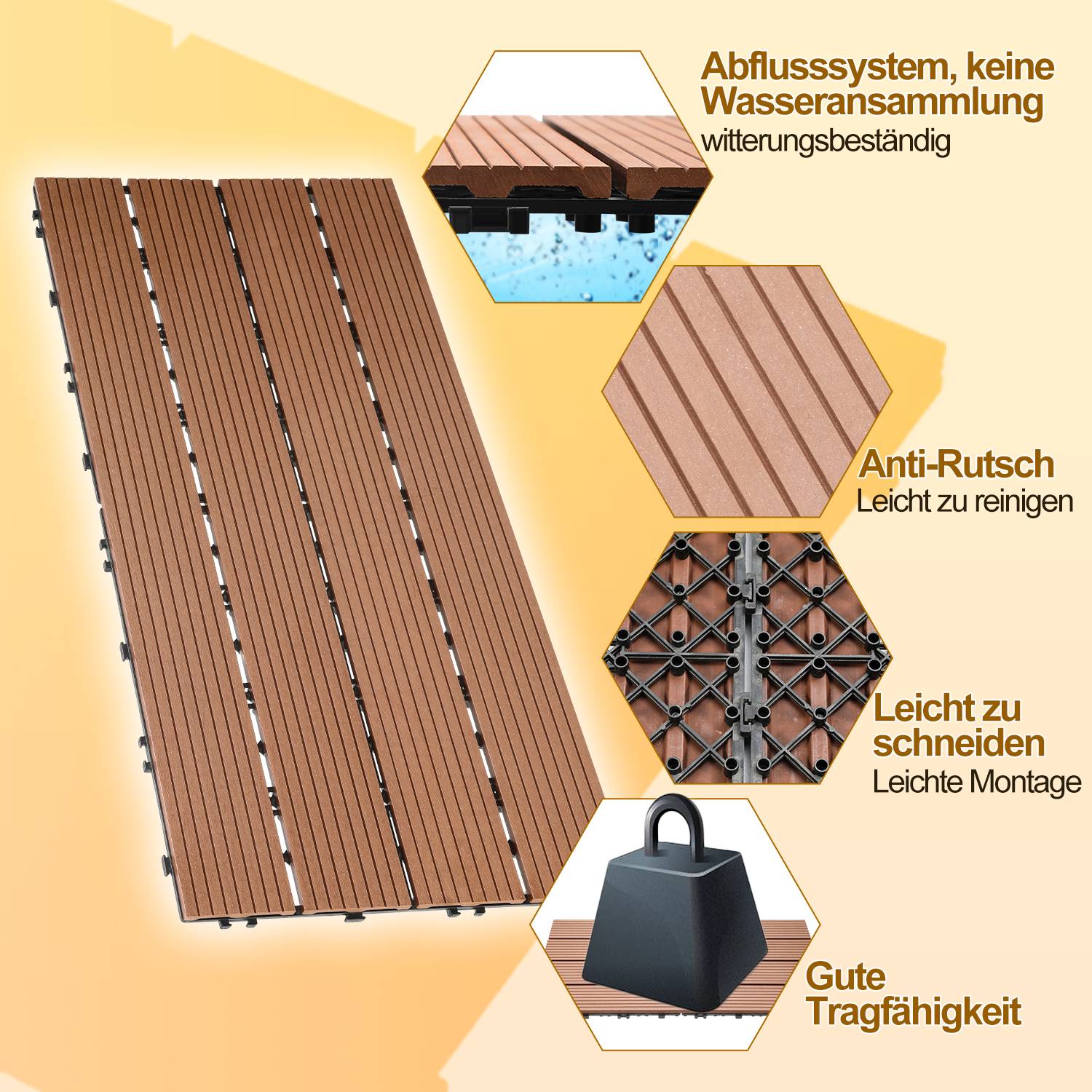 1 qm Terrassenfliesen, 60x30cm WPC Fliesen, 6 Stück Klickfliesen, Balkonfliesen, Holzfliesen, Wetterfest, Anti-Rutsch, Braun - 4-Streifen