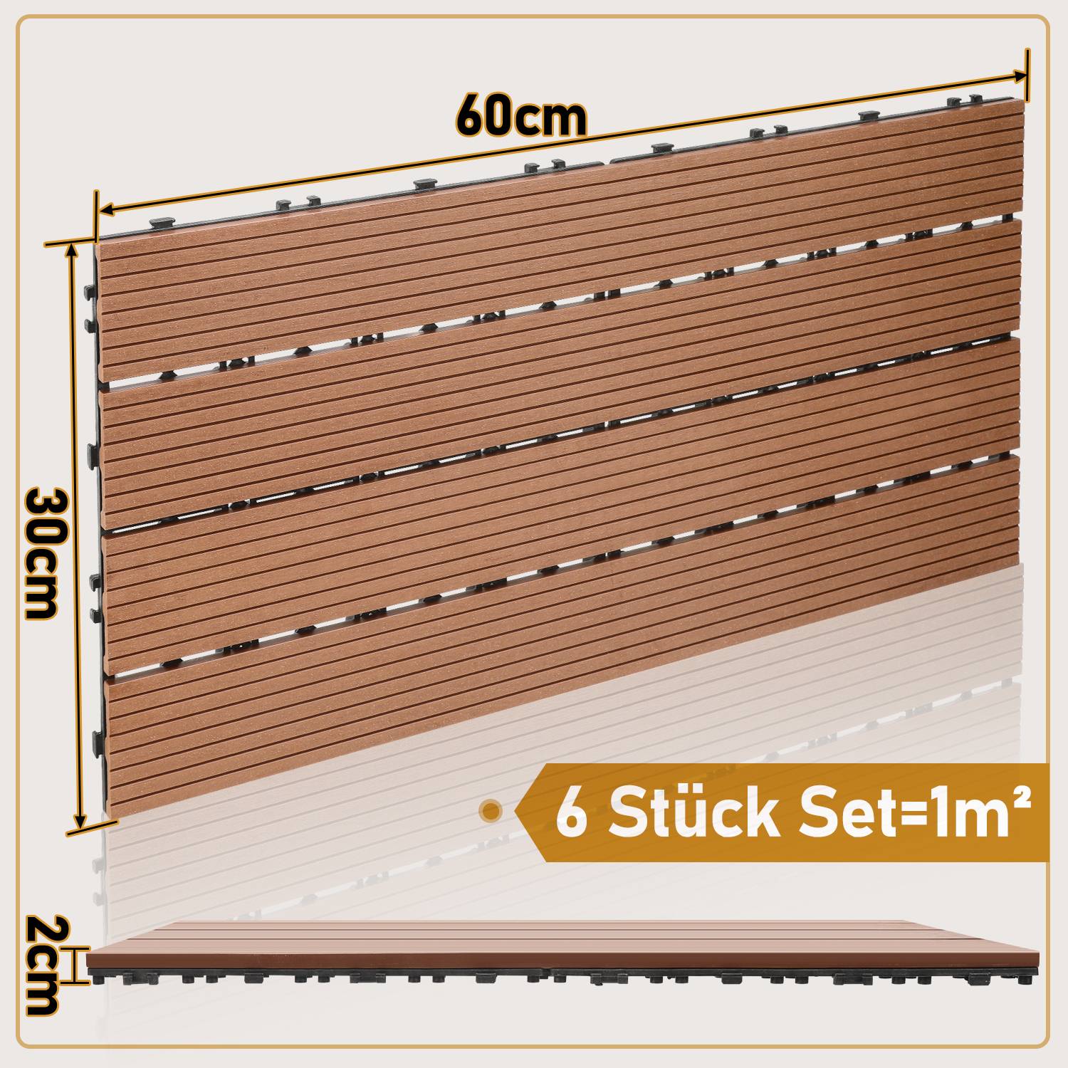 1 qm Terrassenfliesen, 60x30cm WPC Fliesen, 6 Stück Klickfliesen, Balkonfliesen, Holzfliesen, Wetterfest, Anti-Rutsch, Braun - 4-Streifen