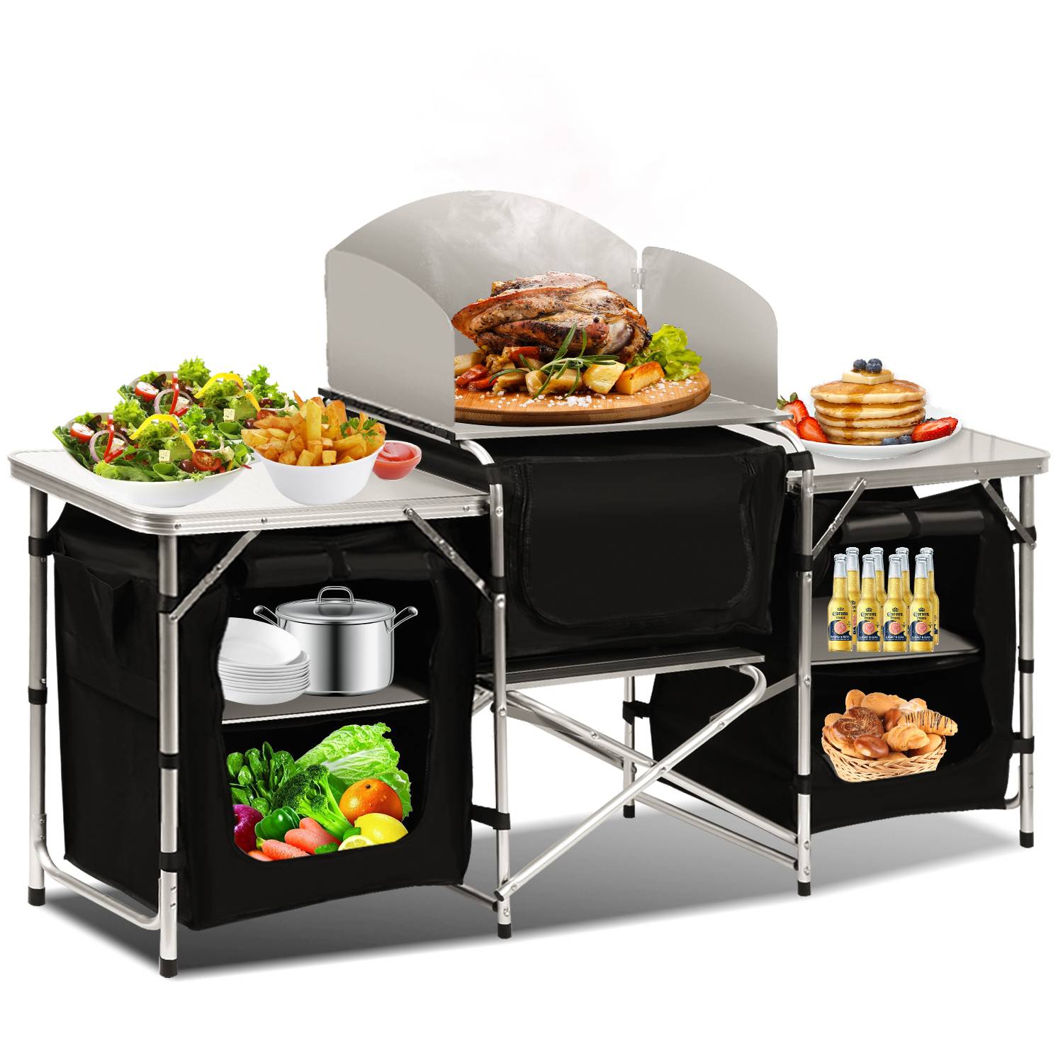 Campingküche 174x104x40cm, Campingschrank mit Aluminiumgestell, Campingmöbel, Outdoor Camping Küche, klappbar