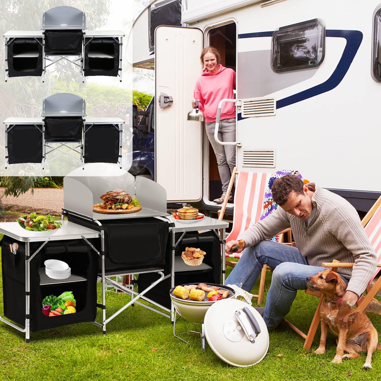 Campingküche 174x104x40cm, Campingschrank mit Aluminiumgestell, Campingmöbel, Outdoor Camping Küche, klappbar
