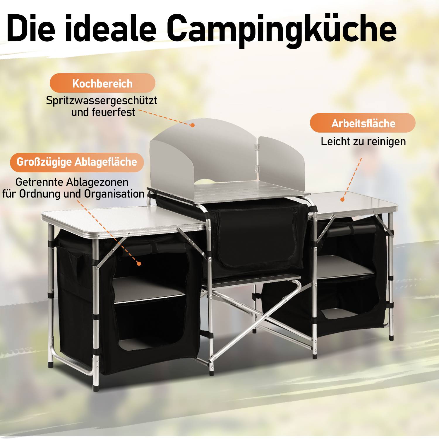 Campingküche 174x104x40cm, Campingschrank mit Aluminiumgestell, Campingmöbel, Outdoor Camping Küche, klappbar