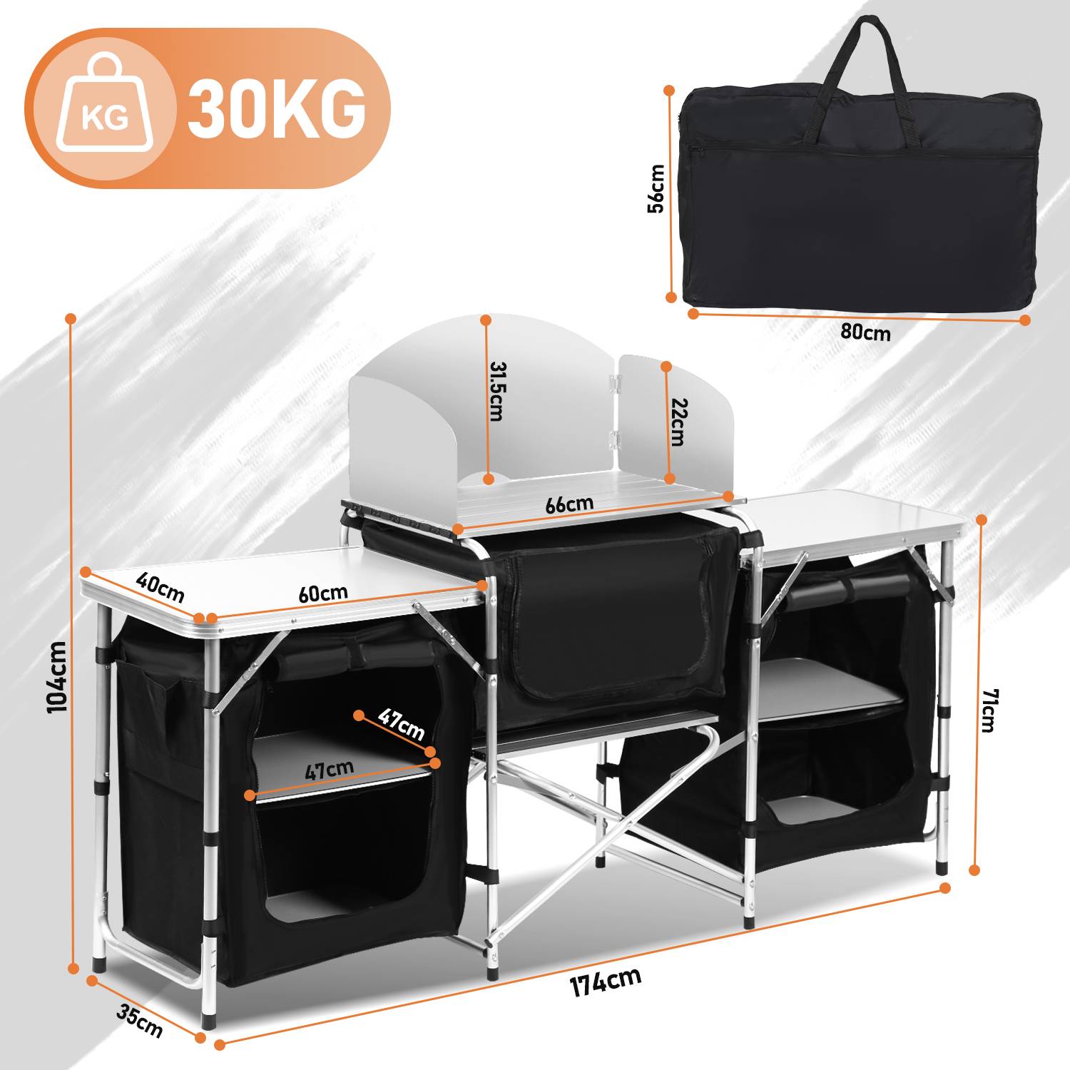 Campingküche 174x104x40cm, Campingschrank mit Aluminiumgestell, Campingmöbel, Outdoor Camping Küche, klappbar