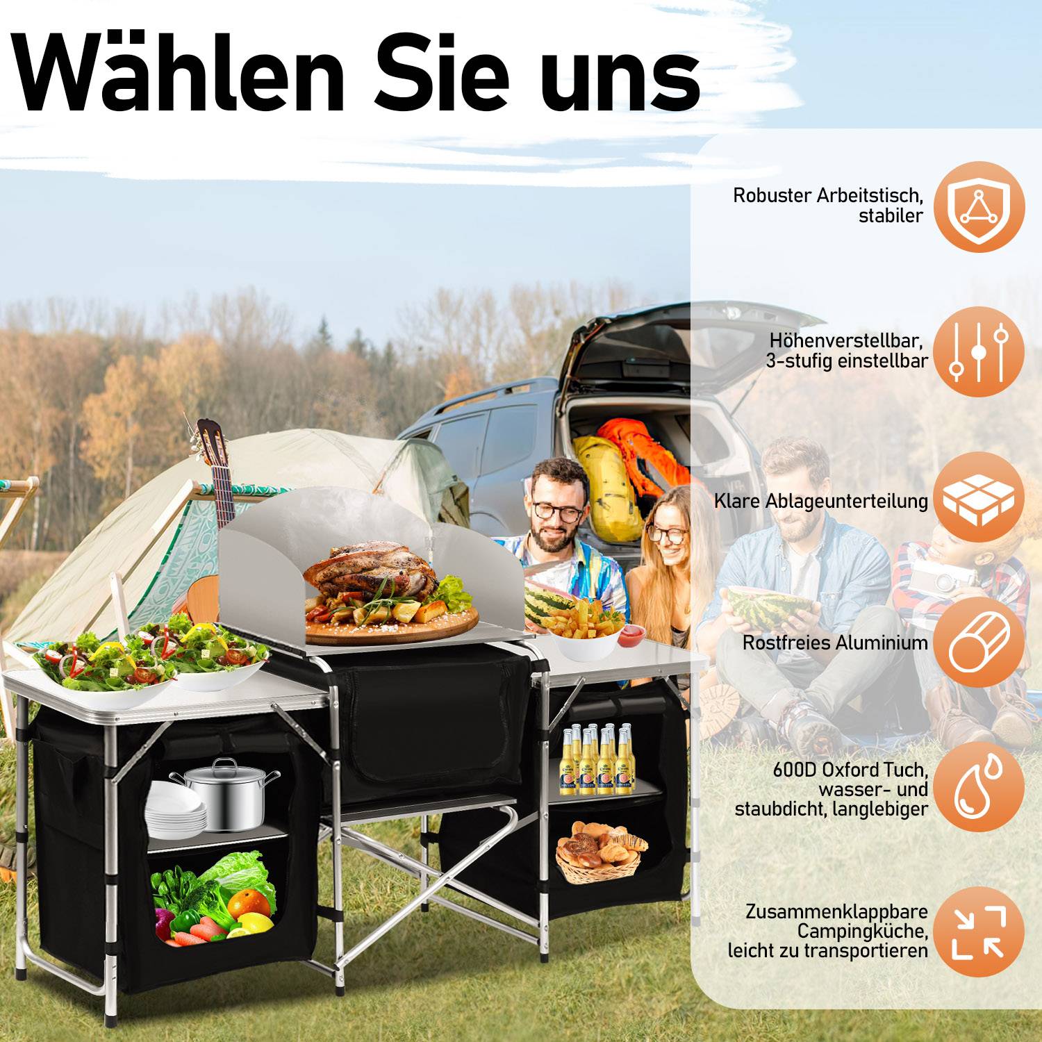 Campingküche 174x104x40cm, Campingschrank mit Aluminiumgestell, Campingmöbel, Outdoor Camping Küche, klappbar