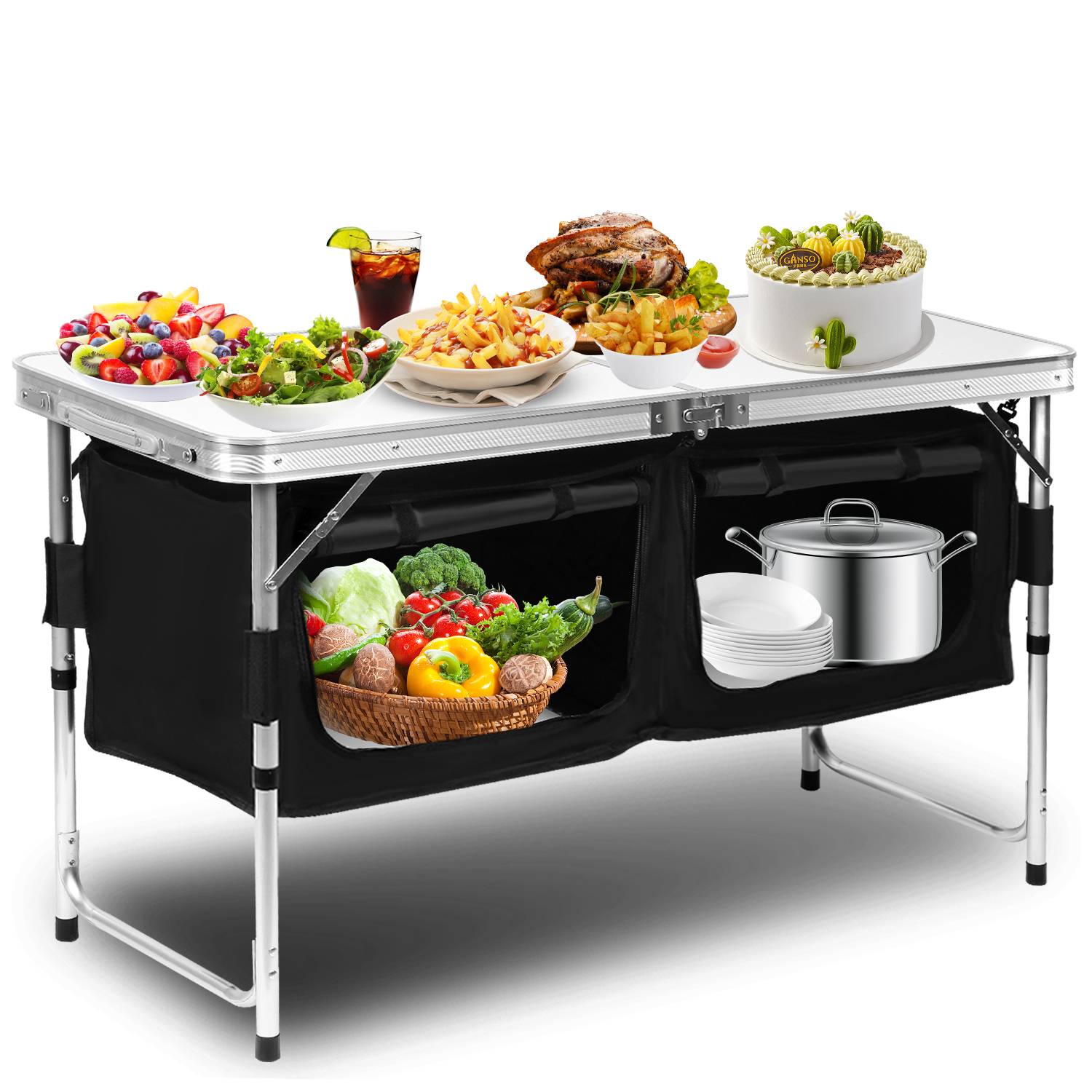Campingküche 120x68x47, Campingschrank mit Aluminiumgestell, Campingmöbel, Outdoor Camping Küche, klappbar