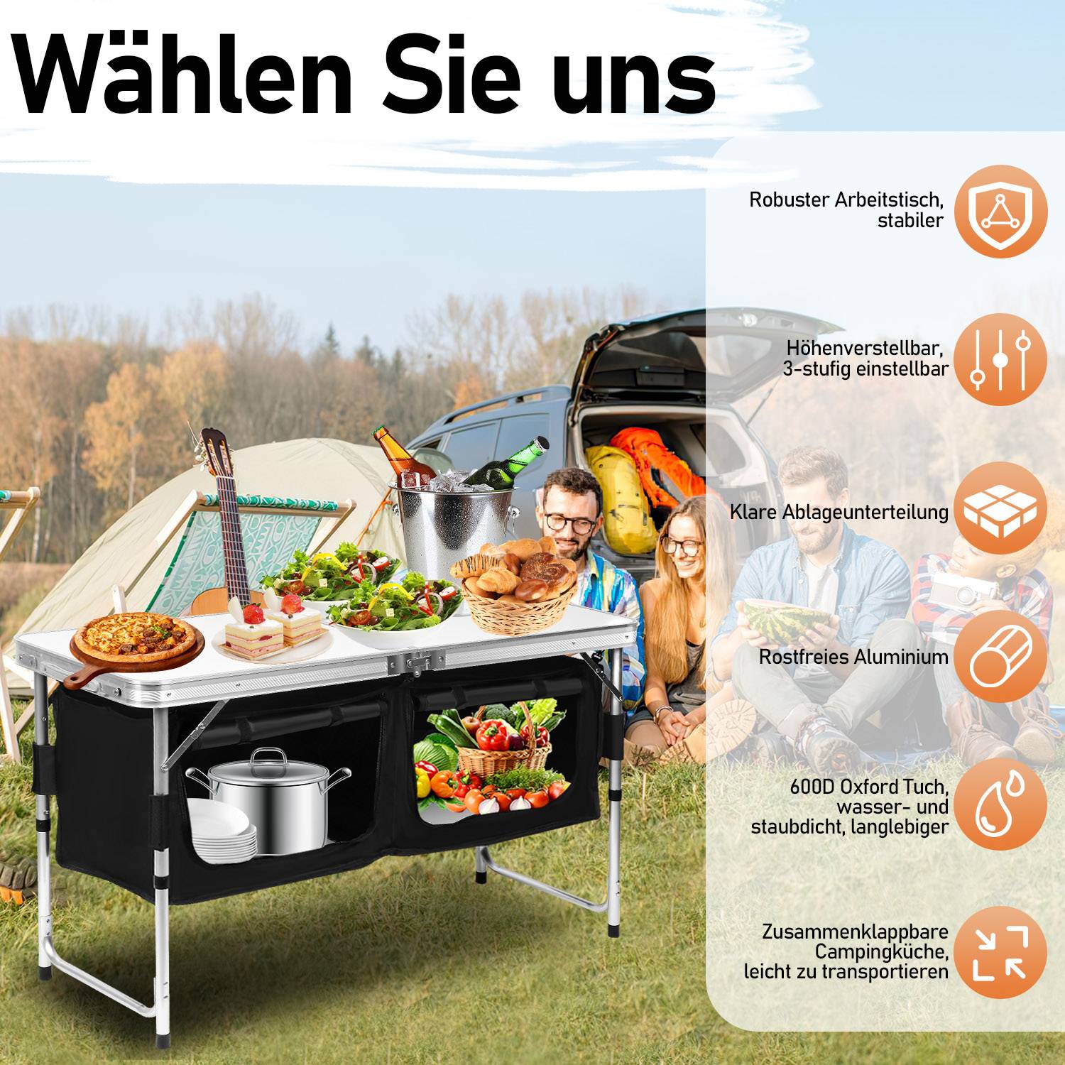 Campingküche 120x68x47, Campingschrank mit Aluminiumgestell, Campingmöbel, Outdoor Camping Küche, klappbar