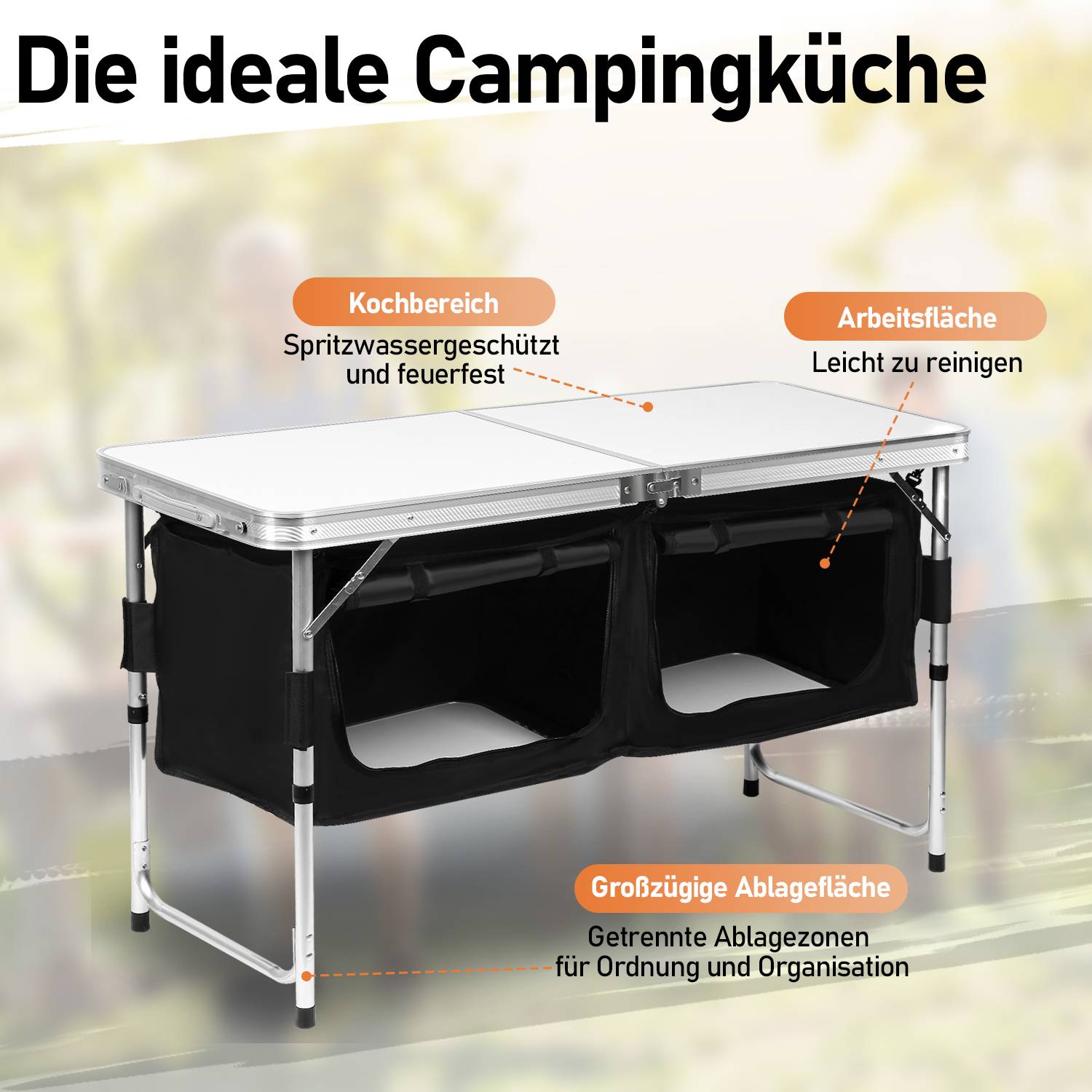 Campingküche 120x68x47, Campingschrank mit Aluminiumgestell, Campingmöbel, Outdoor Camping Küche, klappbar
