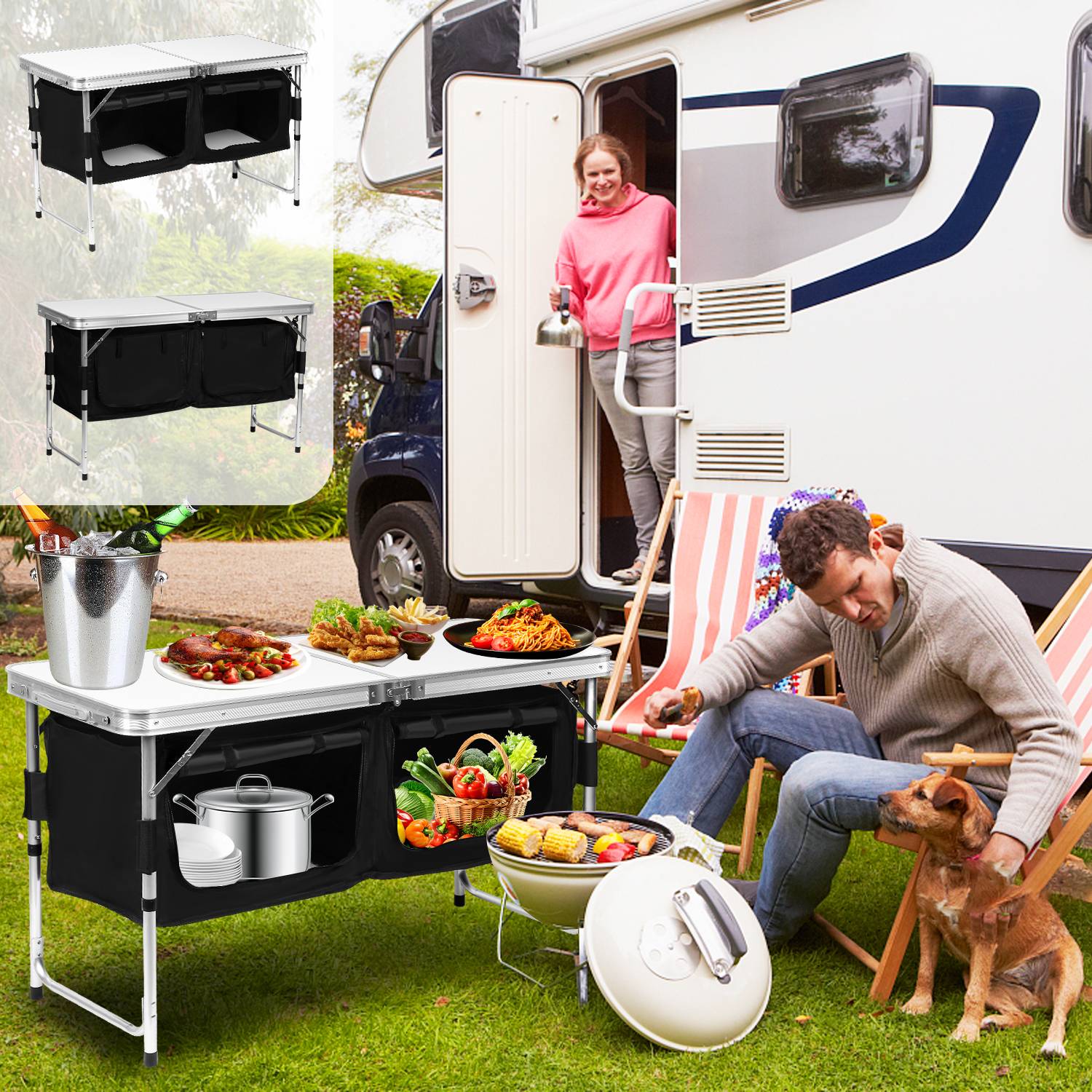 Campingküche 120x68x47, Campingschrank mit Aluminiumgestell, Campingmöbel, Outdoor Camping Küche, klappbar