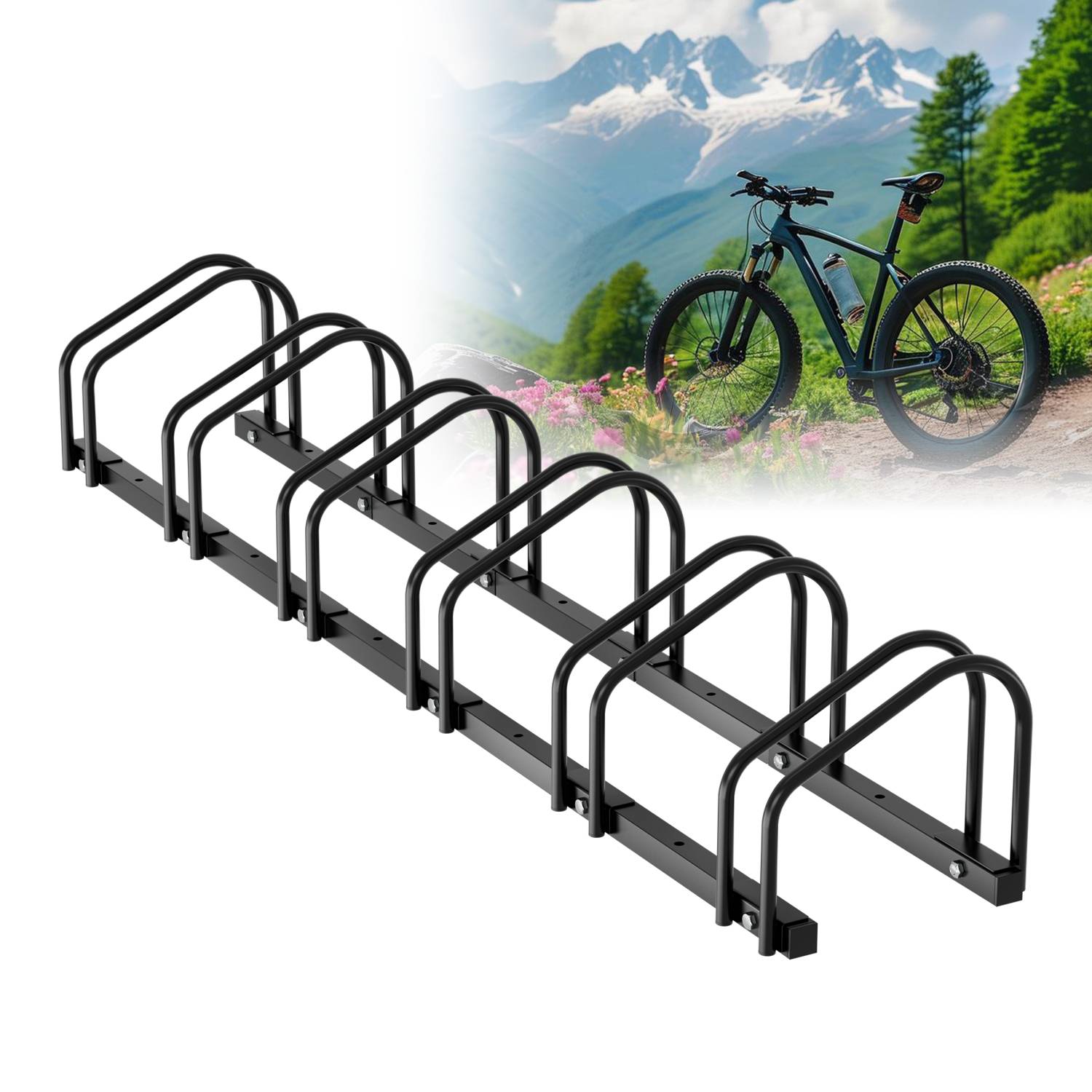 Fahrradständer für 6 Fahrräder, 160x32x26cm, aus verzinkt Stahl, Radständer, känn Boden/Wandmontage, für Reifenbreiten 3,5 - 5,5 cm, Schwarz