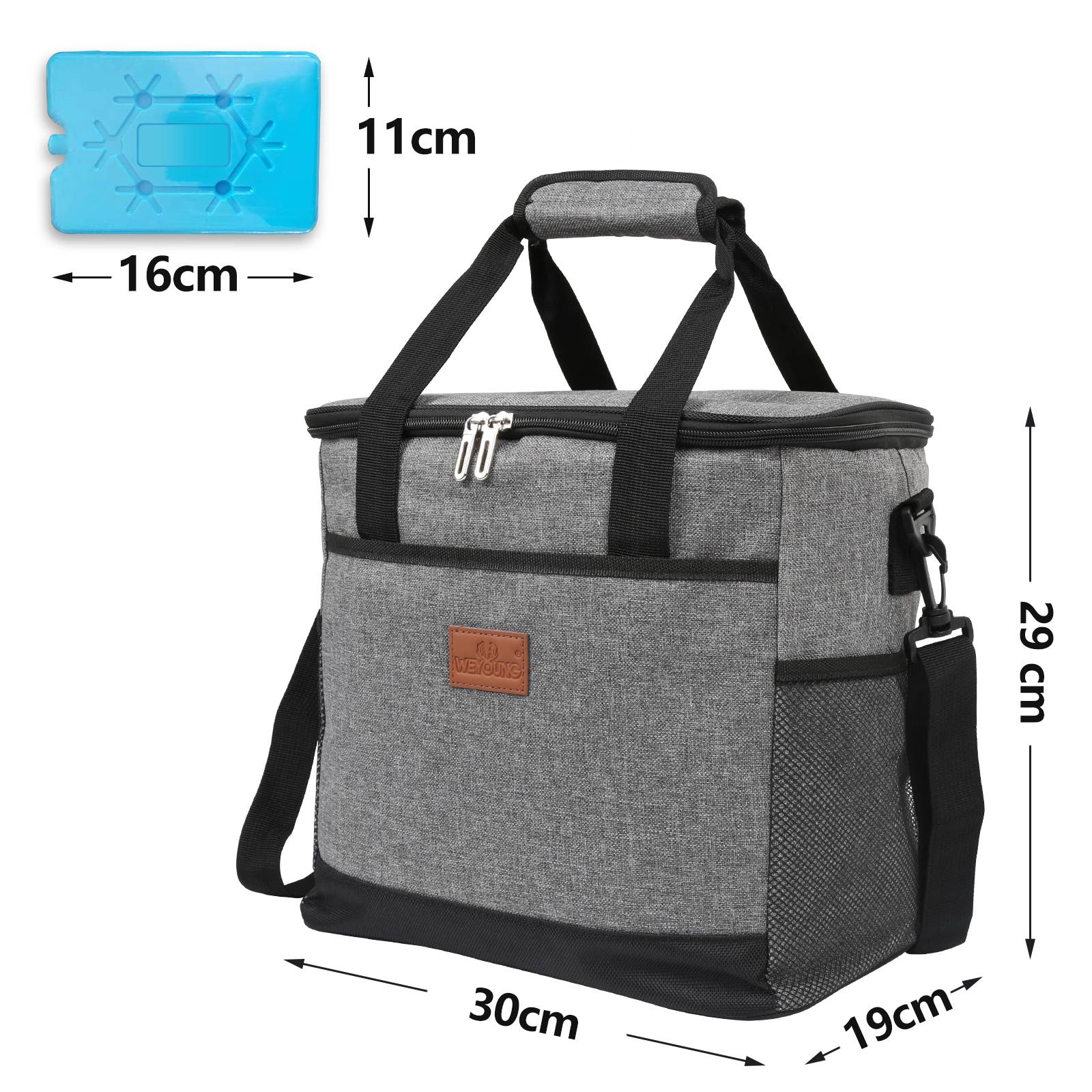 15 L Kühltasche Isoliertasche Thermotasche Wasserfest Picknicktasche Faltbar Kühlbox mit 2er-Set Kühlakkus Kühlelemente Camping Lunch Grau