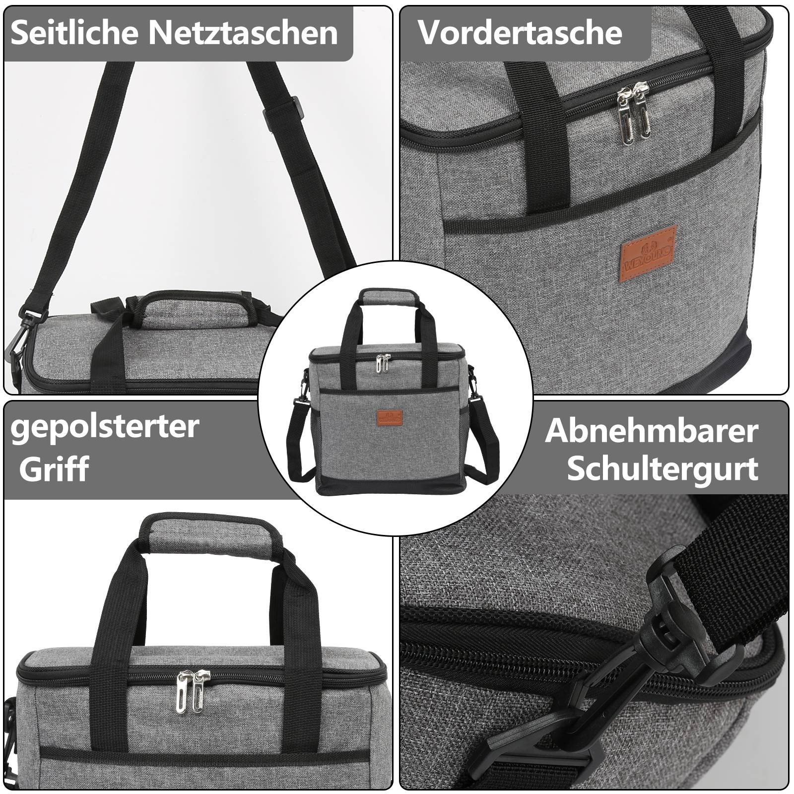 33 L Kühltasche Isoliertasche Thermotasche Wasserfest Picknicktasche Faltbar Kühlbox mit 2er-Set Kühlakkus Kühlelemente Camping Lunch Grau