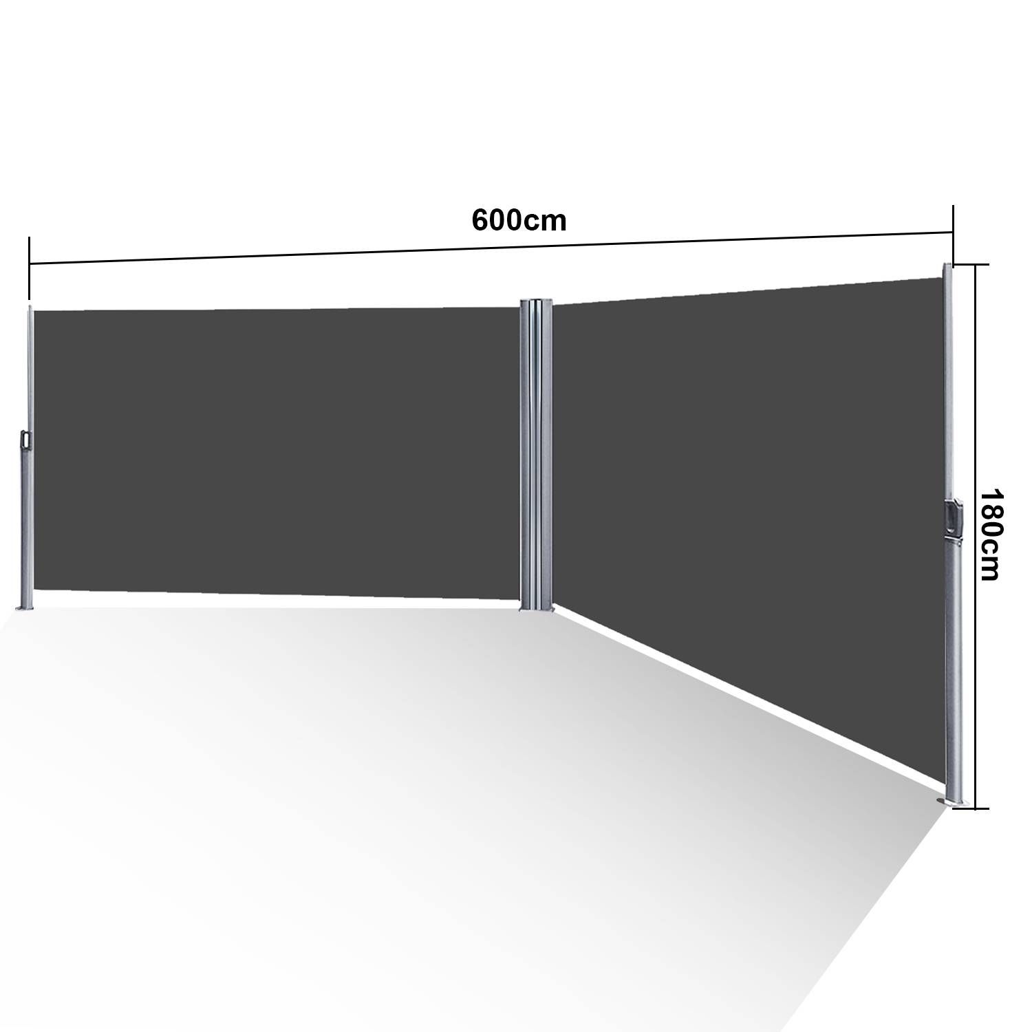 Doppel Seitenmarkise 180x600cm Sichtschutz Ausziehbar Blickdicht Sonnenschutz Markise Balkon Terrasse Garten Seitenrollo Windschutz Grau