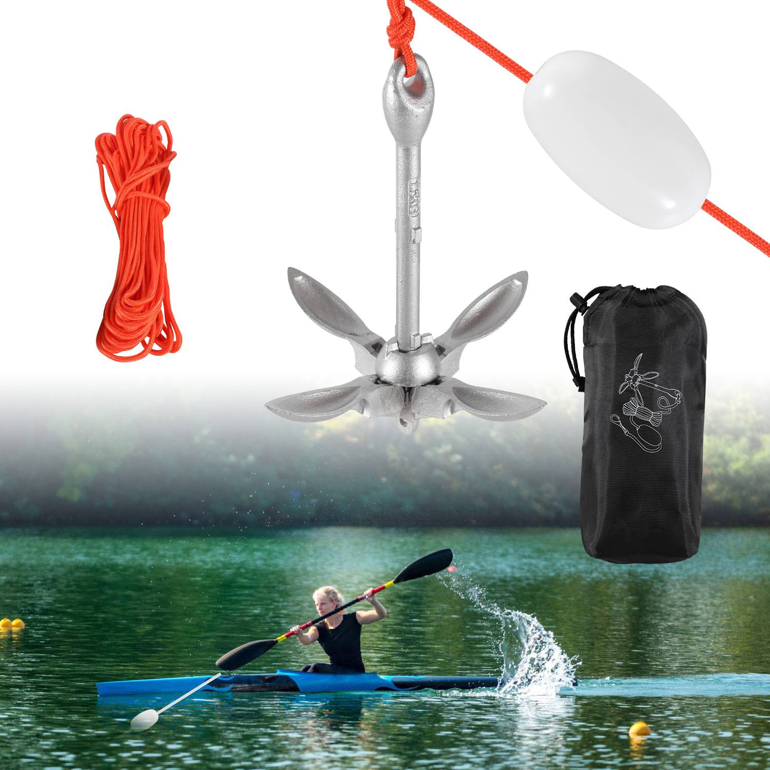 Bootsanker "Faltanker" klappanker Boot mit Ankerleine Ankerboje Karabiner und Transporttasche für Kajak Kanu 0.7kg
