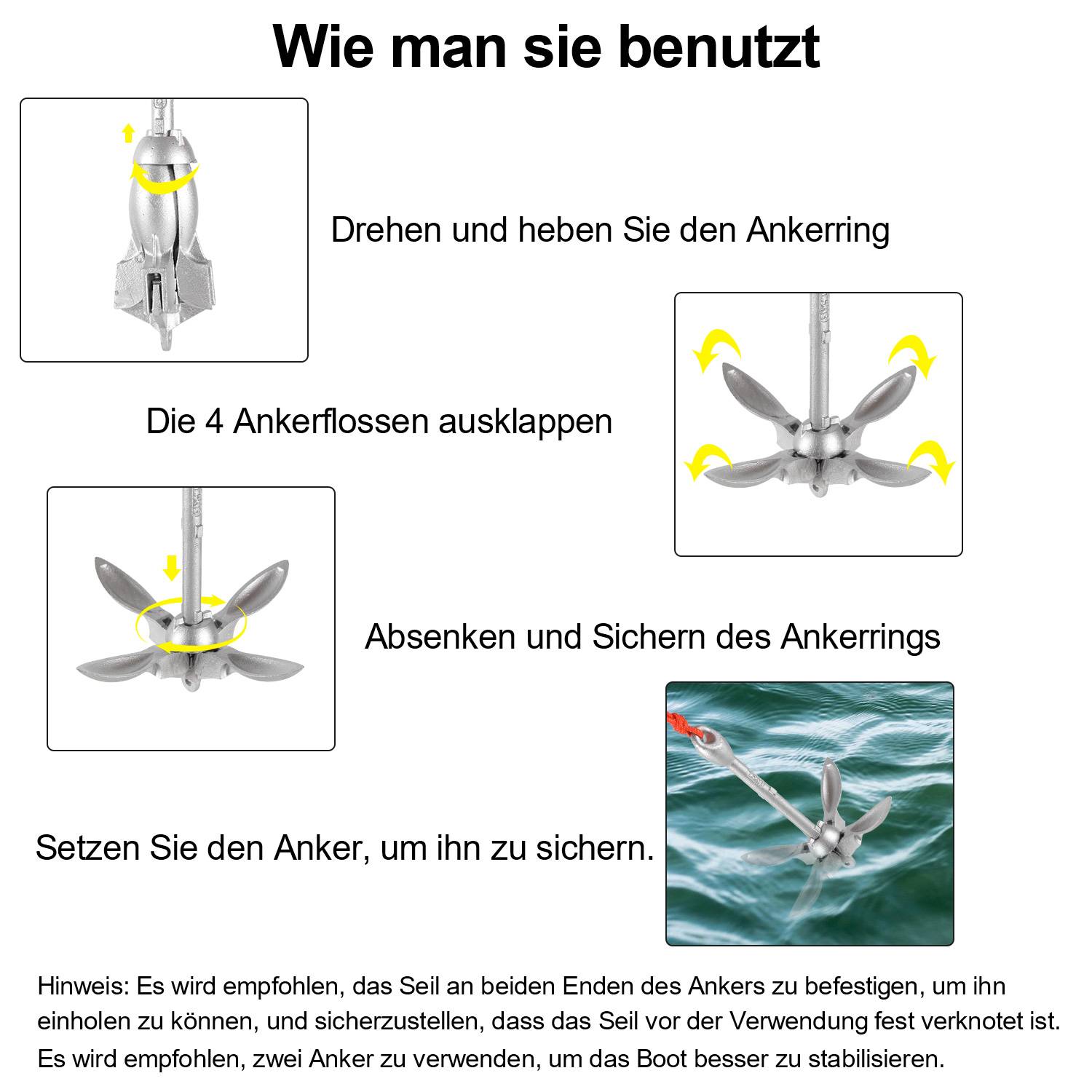 0,7KG Anker Bootsanker Feuerverzinktes Gusseisen Klappanker Ankerset inkl. 20m Ankerseil & Schnallen & Bojen & Transporttaschen Bootsanker