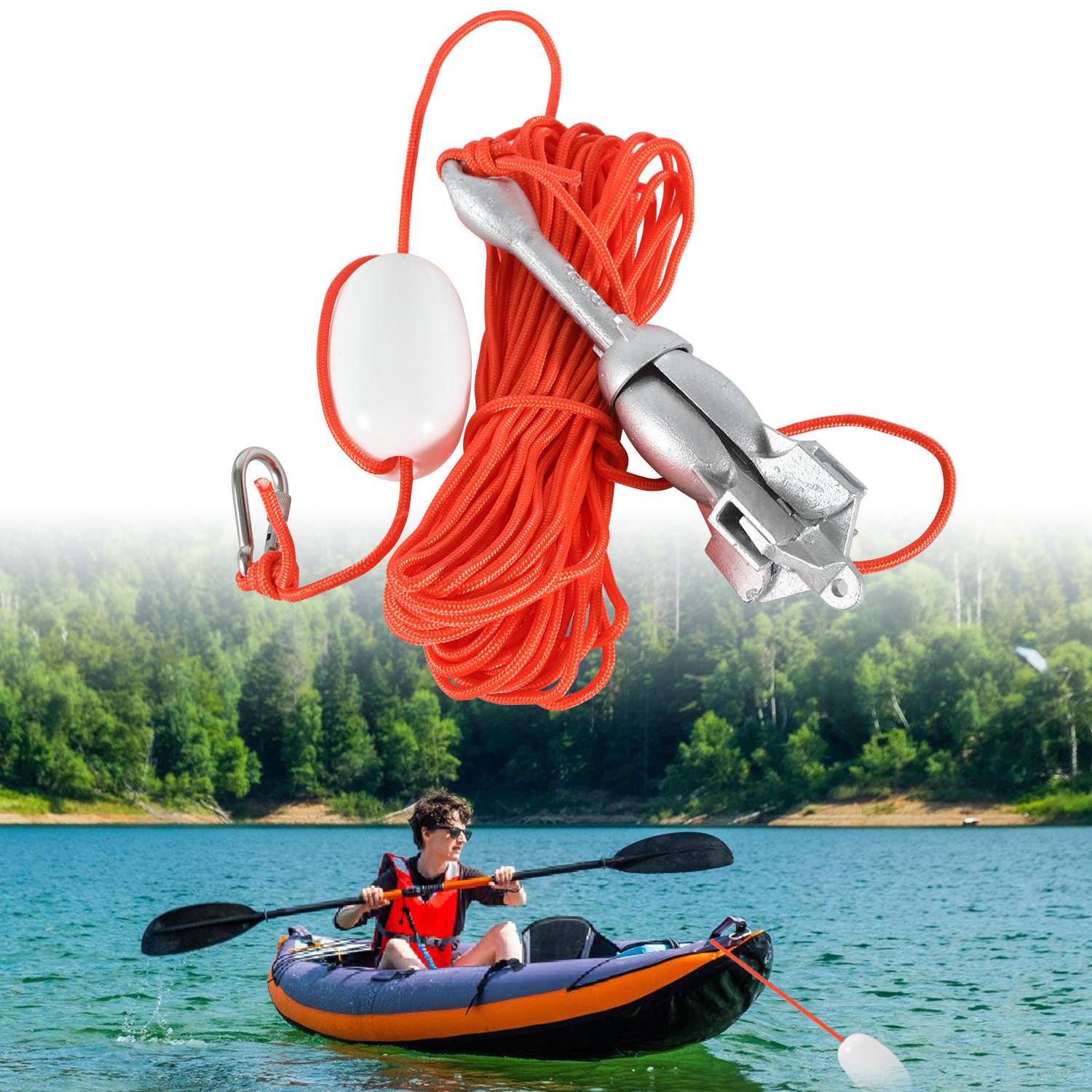 Bootsanker "Faltanker" klappanker Boot mit Ankerleine Ankerboje Karabiner und Transporttasche für Kajak Kanu 1.5kg