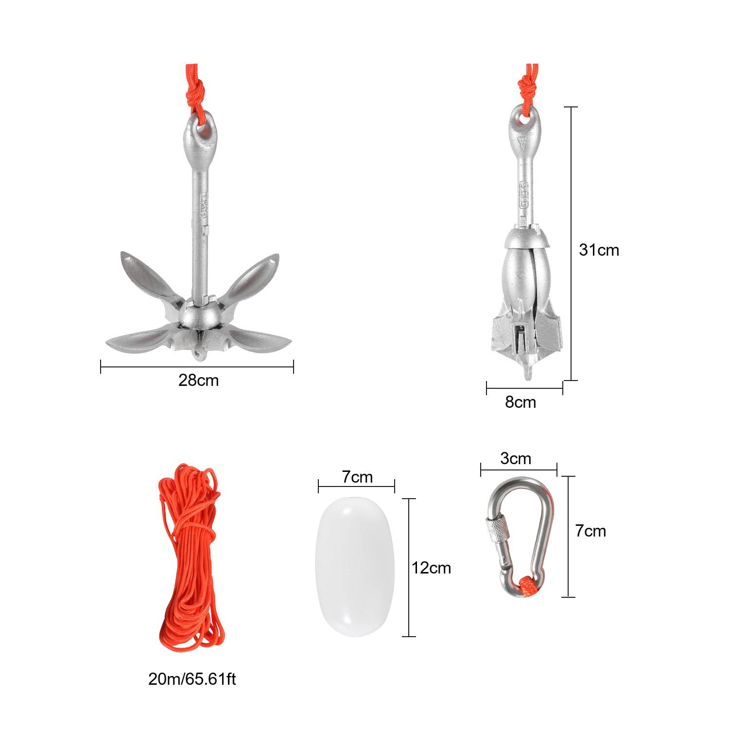 Bootsanker "Faltanker" klappanker Boot mit Ankerleine Ankerboje Karabiner und Transporttasche für Kajak Kanu 1.5kg