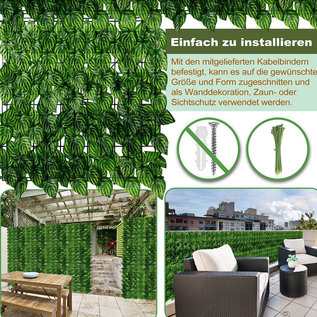 Werbeabbildung von künstlichen Blatthecken-Paneelen mit der Bezeichnung "Einfach zu installieren"", die Kabelbinder und Schere für einfache Installation als Zaun oder Sichtschutz zeigt, mit Beispielen für Terrassenbereiche im Freien.