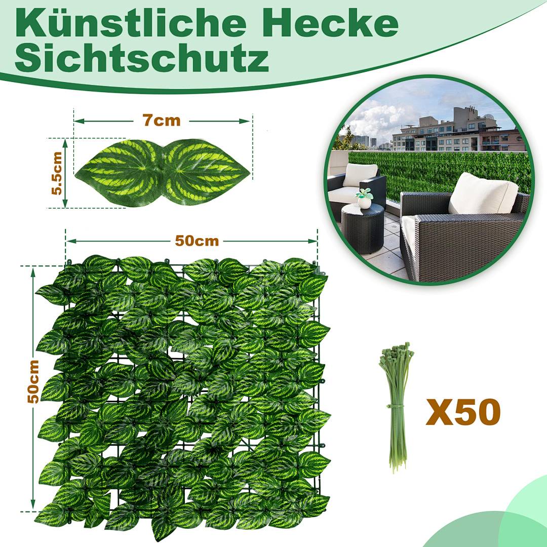 Produktgrafik für künstliche Hecken-Sichtschutzverkleidung, die ein 50 cm x 50 cm Blattfeld, ein 7 cm x 5,5 cm Blattdetail und eine Menge von x50 zeigt, mit einem Beispiel einer Installation auf einem Balkon.