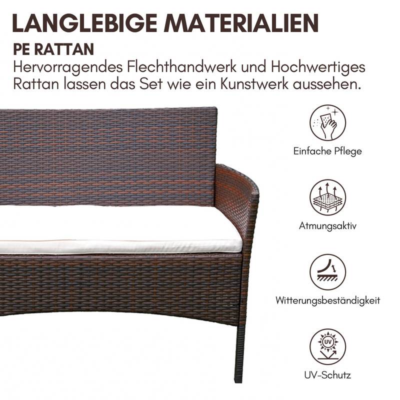 Polyrattan Gartenmöbel-Set - Tisch, Sofa & 2 Stühle - Braun