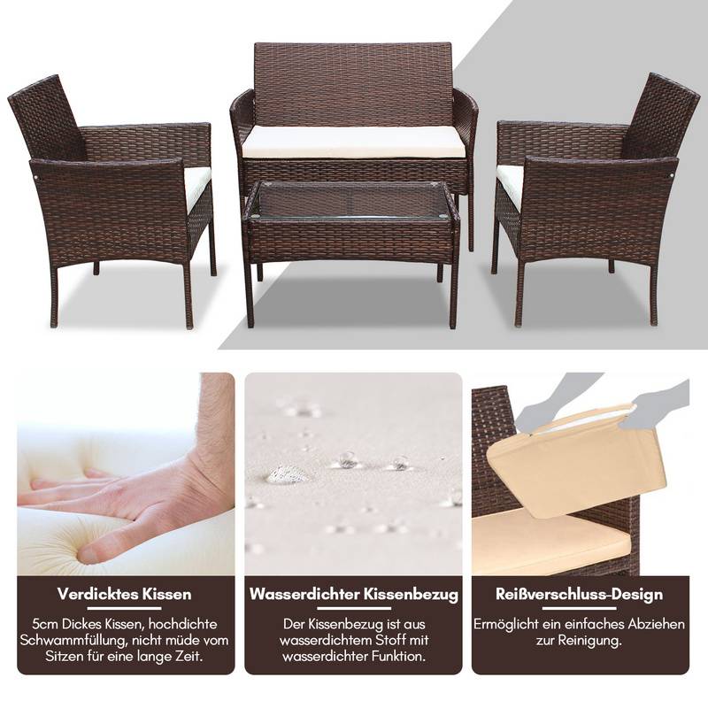 Polyrattan Gartenmöbel-Set - Tisch, Sofa & 2 Stühle - Braun