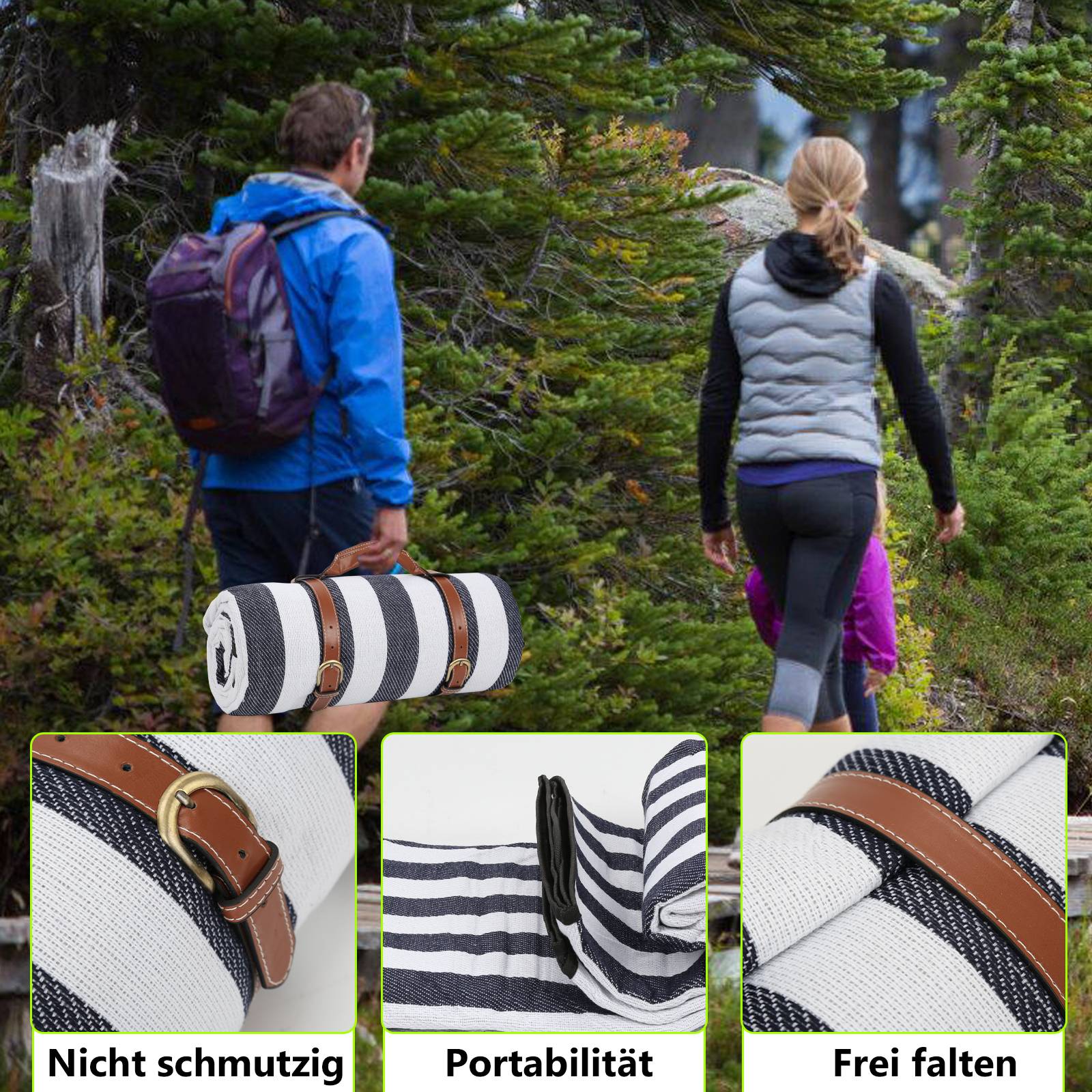 Picknickdecke Campingdecke 200x200cm Wasserdicht Faltbar Blau-weiß Garten Stranddecke