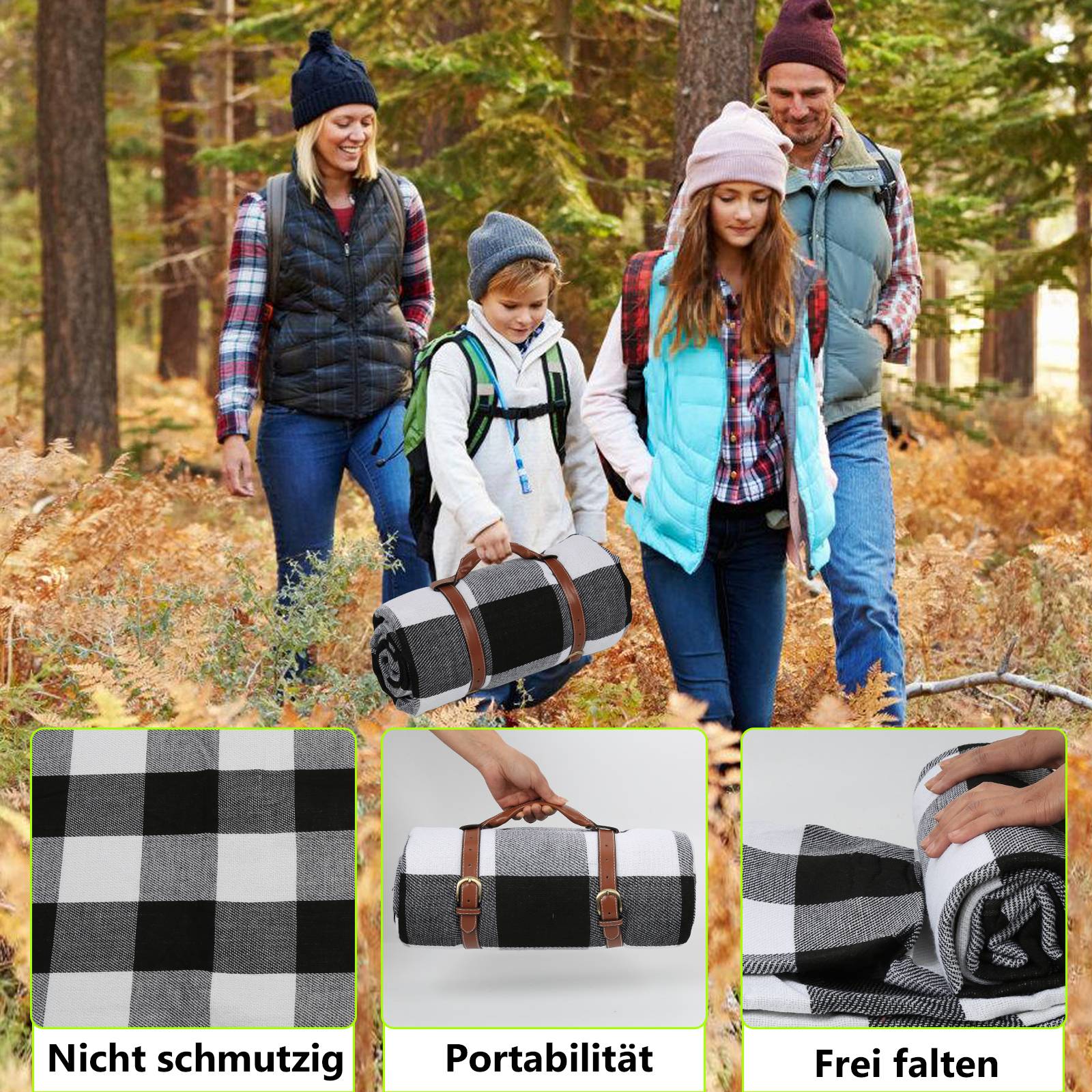 Picknickdecke Campingdecke 200x200cm Wasserdicht Faltbar Schwarz-weiß Garten Stranddecke