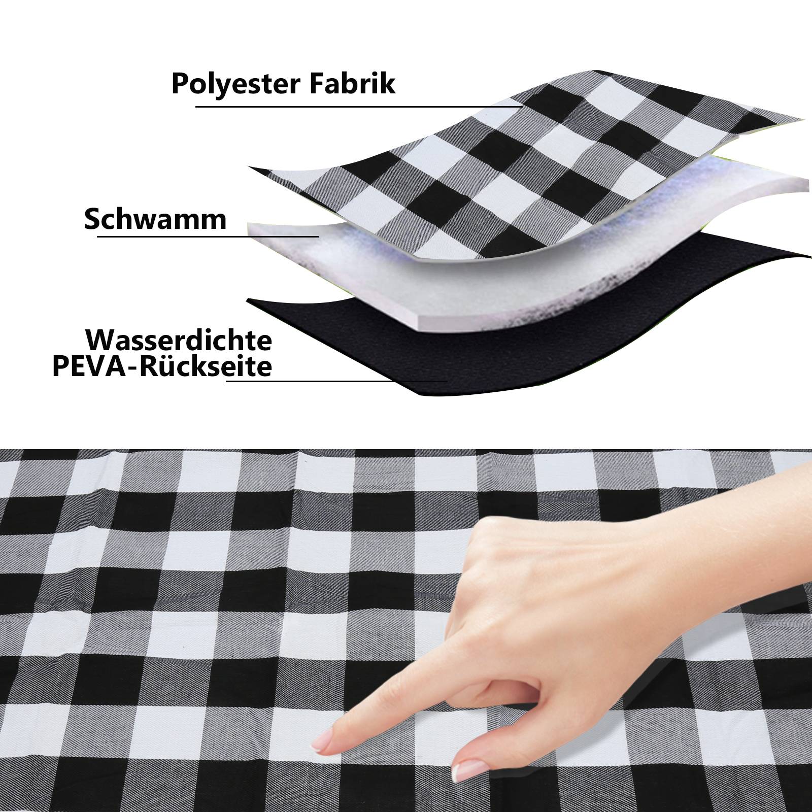 Picknickdecke Campingdecke 200x200cm Wasserdicht Faltbar Schwarz-weiß Garten Stranddecke