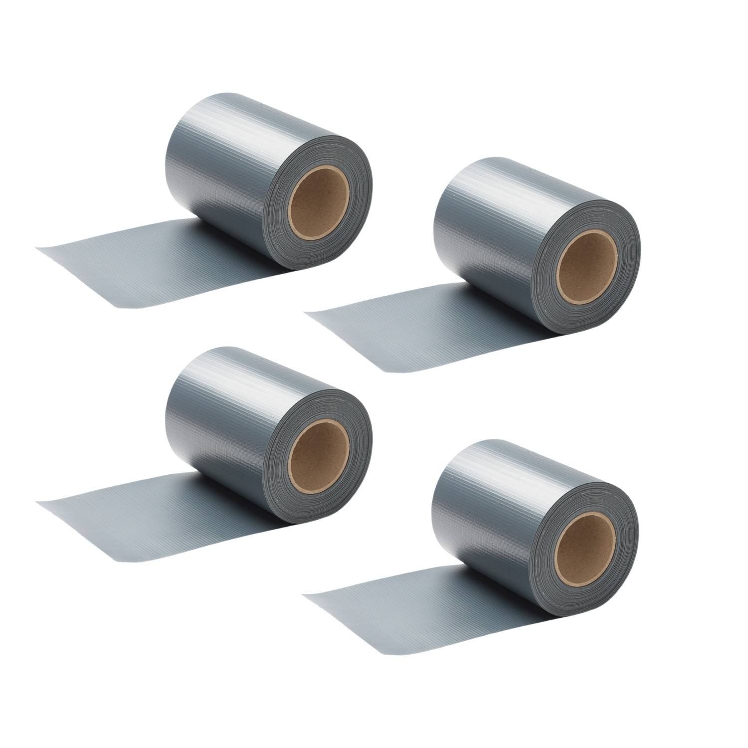 Vier Rollen silbernes Klebeband oder Metallband auf weißem Hintergrund, jede teilweise abgerollt.