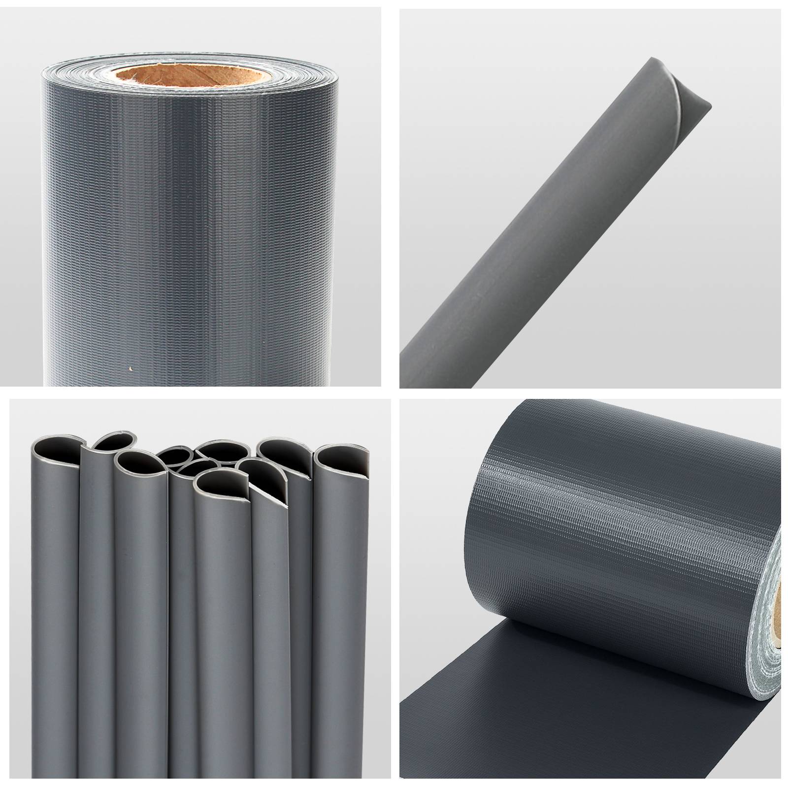 Collage aus grauen Industriematerialrollen und -blättern mit Nahaufnahmen von strukturierten zylindrischen Rollen und flacher dunkelgrauer Folie oder Stoff.