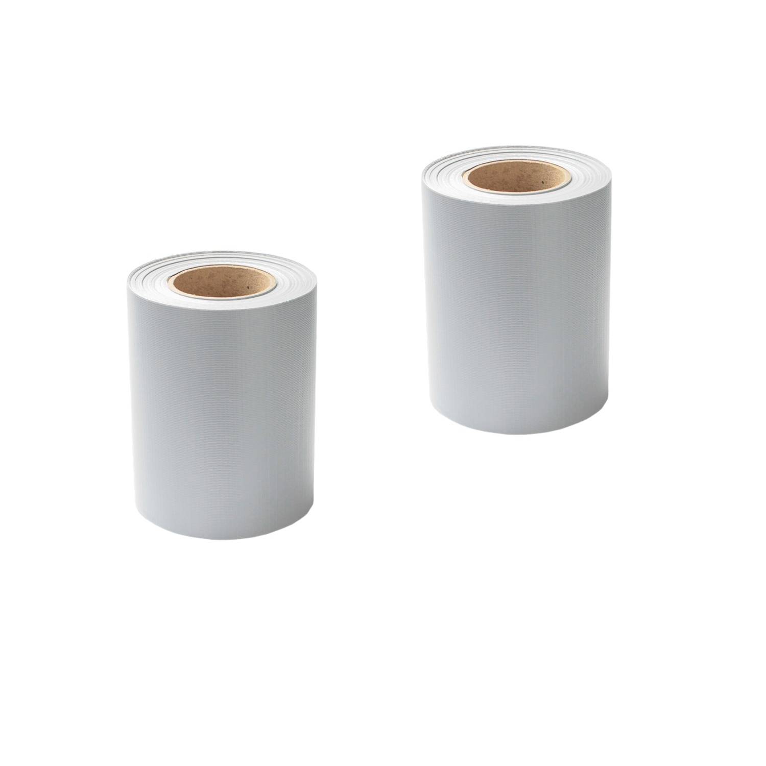 Zwei Rollen graues Klebeband oder Papier auf weißem Hintergrund, dargestellt als Produktbilder.