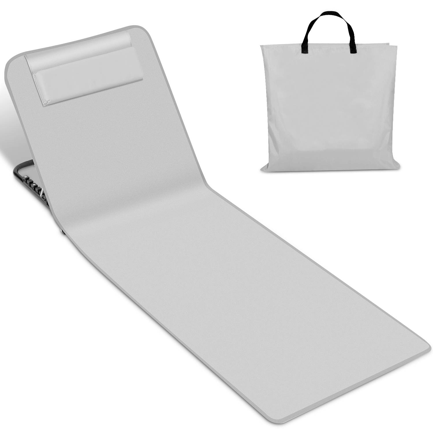 Strandmatte mit Tragegurt mit Kopflehne Kopstütze Verstellbarer Rückenlehne 600D Polyester Hellgrau 1 Stucke 145cm x 47cm