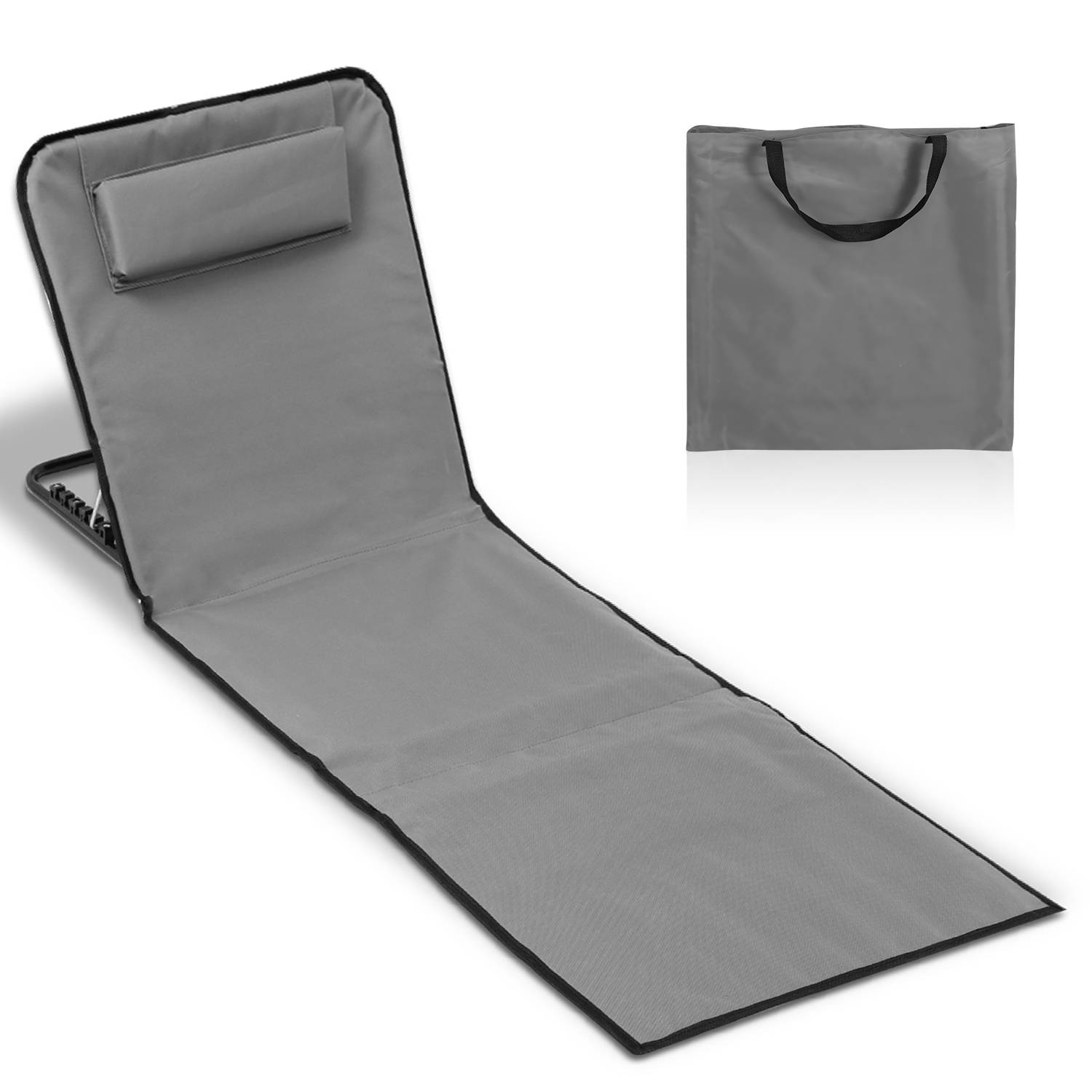 Strandmatte mit Tragegurt mit Kopflehne Kopstütze Verstellbarer Rückenlehne 600D Polyester Grau 1 Stucke 145cm x 47cm