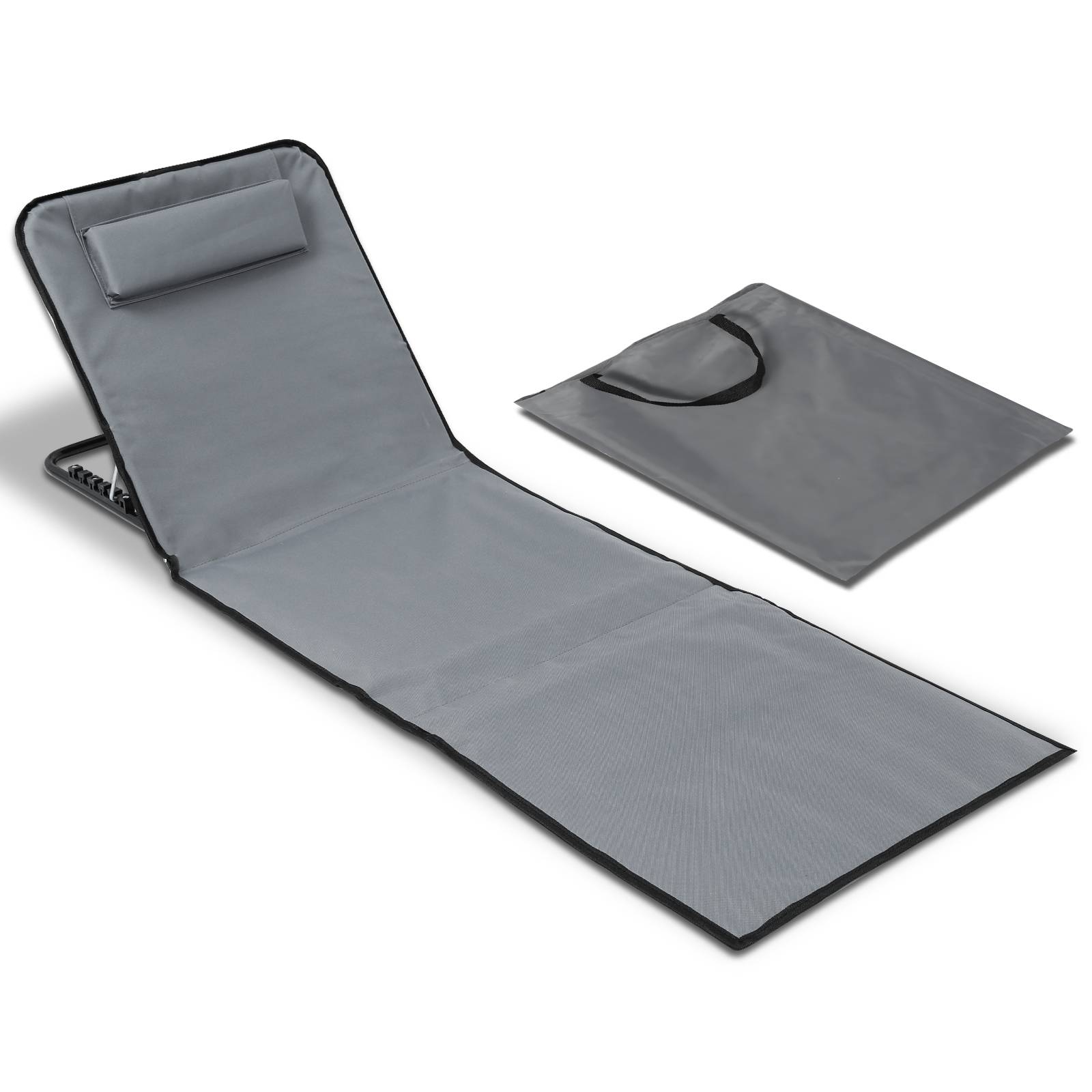 Strandmatte mit Tragegurt mit Kopflehne Kopstütze Verstellbarer Rückenlehne 600D Polyester Grau 1 Stucke 158cm x 55cm