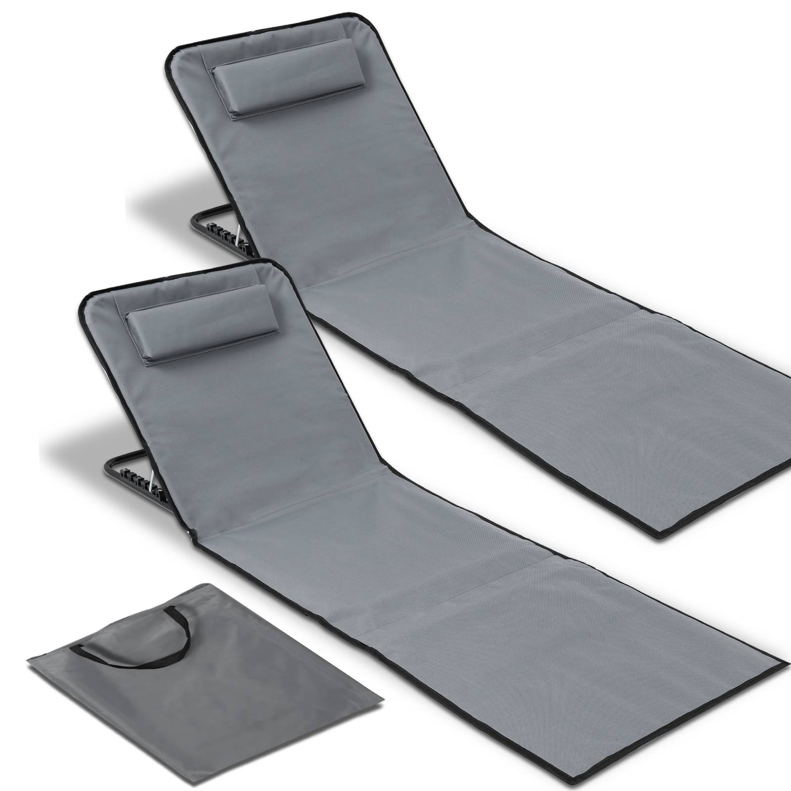 Strandmatte mit Tragegurt mit Kopflehne Kopstütze Verstellbarer Rückenlehne 600D Polyester Grau 2 Stucke 158cm x 55cm