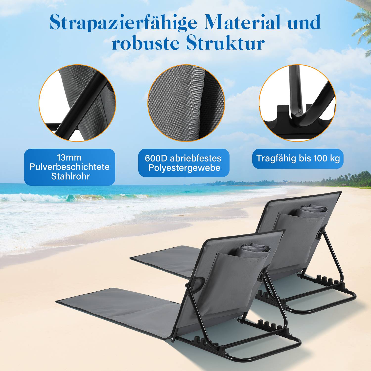 Strandmatte mit Tragegurt mit Kopflehne Kopstütze Verstellbarer Rückenlehne 600D Polyester Grau 2 Stucke 158cm x 55cm