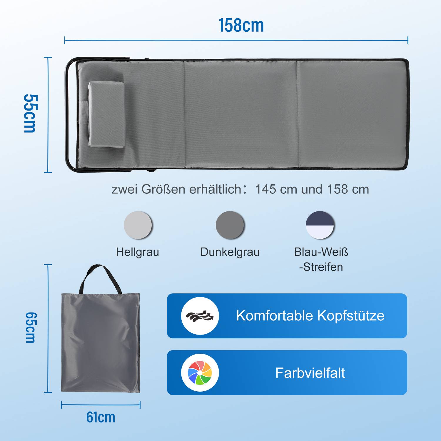 Strandmatte mit Tragegurt mit Kopflehne Kopstütze Verstellbarer Rückenlehne 600D Polyester Grau 2 Stucke 158cm x 55cm