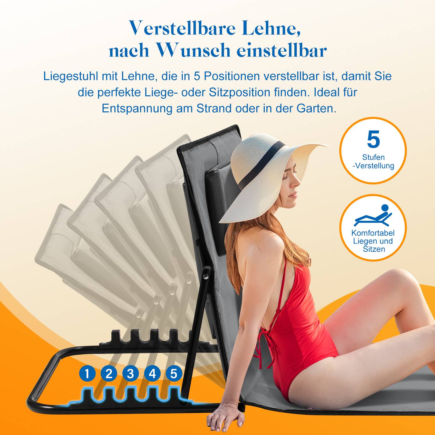 Strandmatte mit Tragegurt mit Kopflehne Kopstütze Verstellbarer Rückenlehne 600D Polyester Grau 2 Stucke 158cm x 55cm